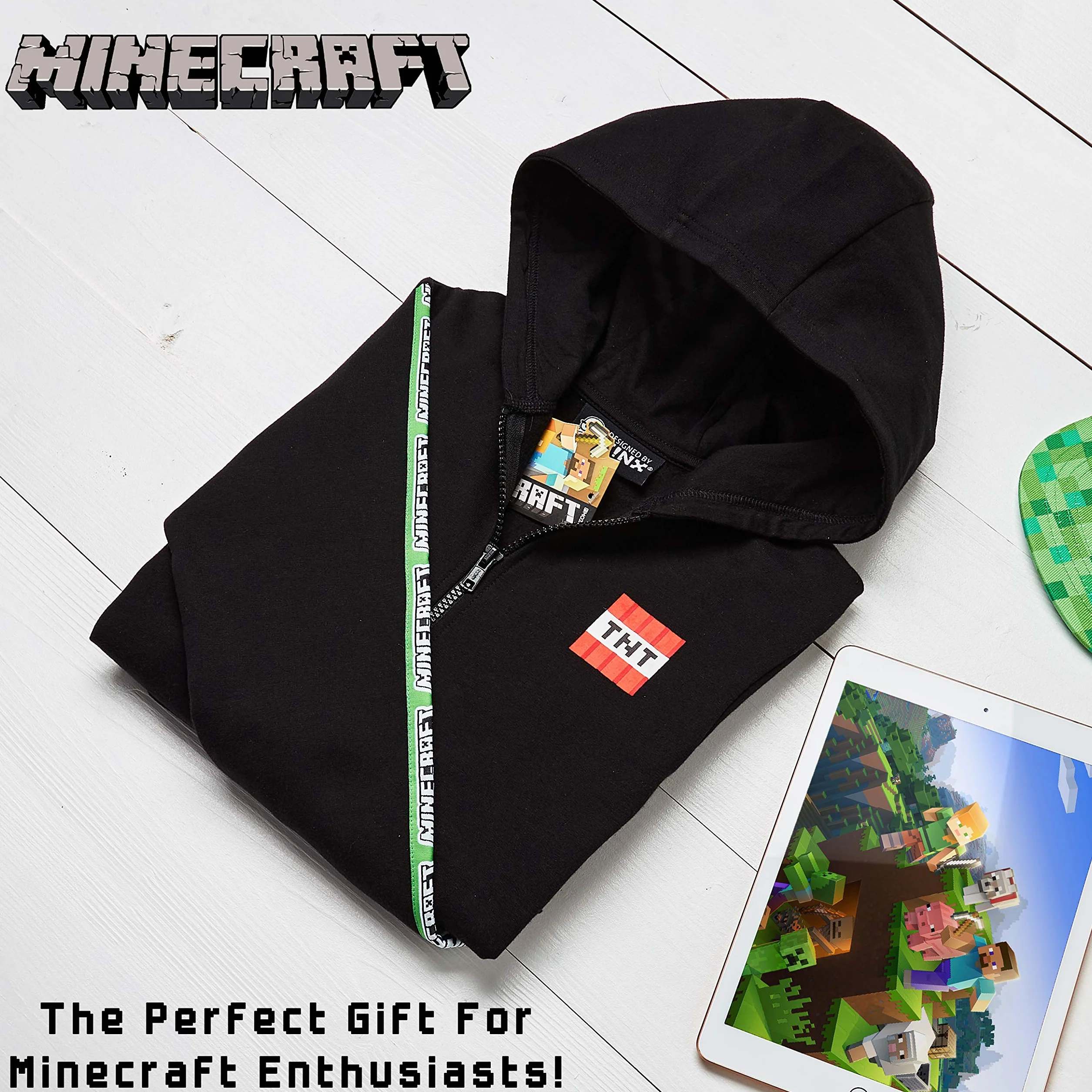 Minecraft Bluza z kapturem dla chłopców z zamkiem błyskawicznym, długi rękaw, prezent dla graczy 5-14 lat