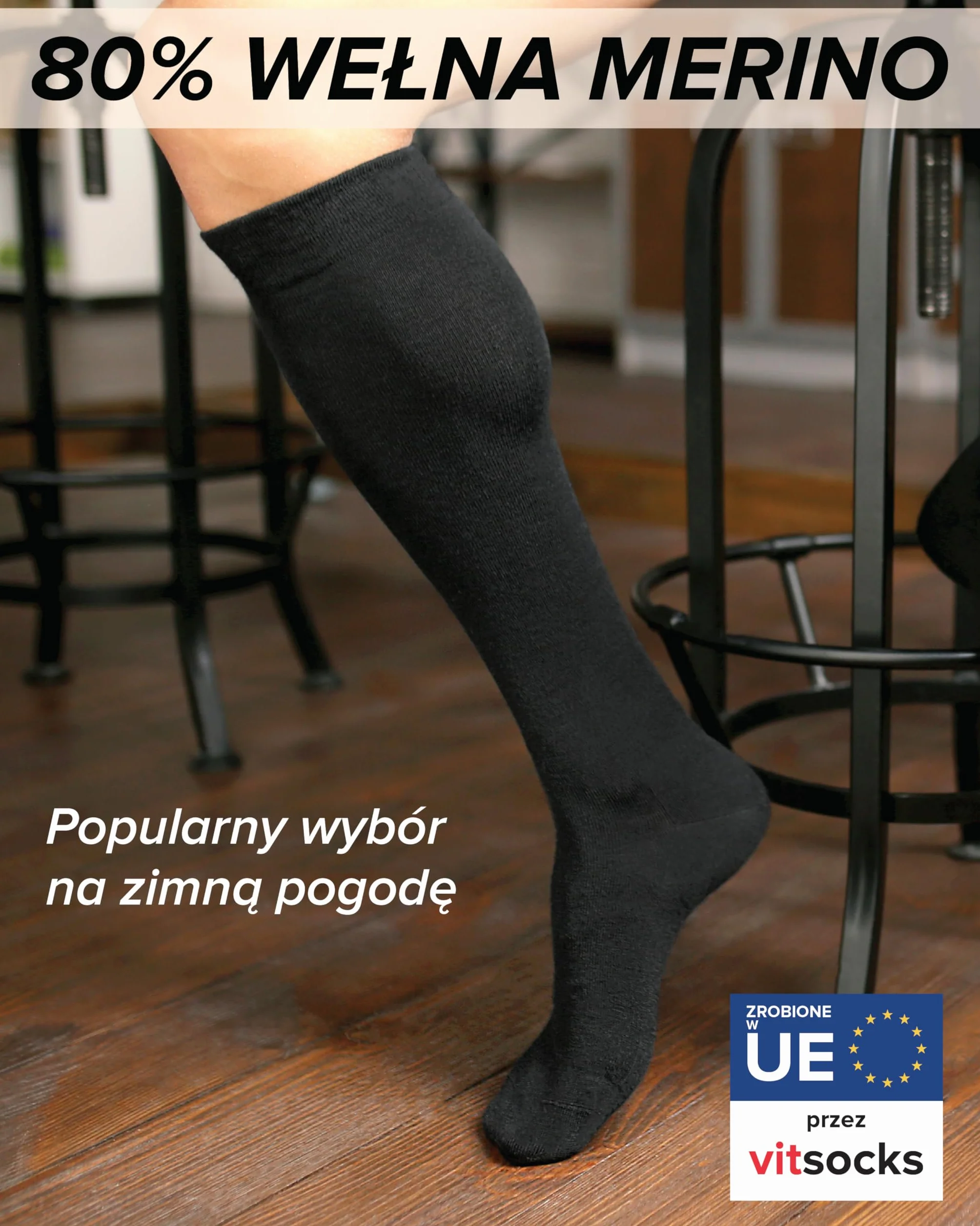 VITSOCKS Podkolanówki z WEŁNY MERINO 80% Męskie Ciepłe na Zimę Wysokie Skarpetki do Kolan