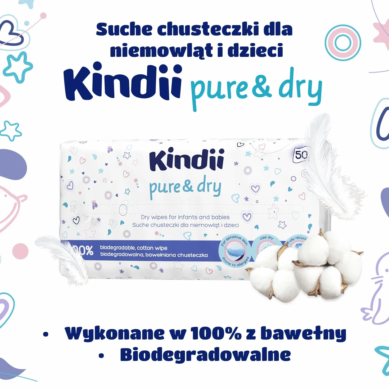 Kindii Pure&Dry Suche Chusteczki dla niemowląt - Baby Essentials - Jednorazowy ręcznik do twarzy - Chusteczki dla niemowląt luzem - Akcesoria dla niemowląt - Wielofunkcyjne - 100% bawełna - 20 x 20 cm