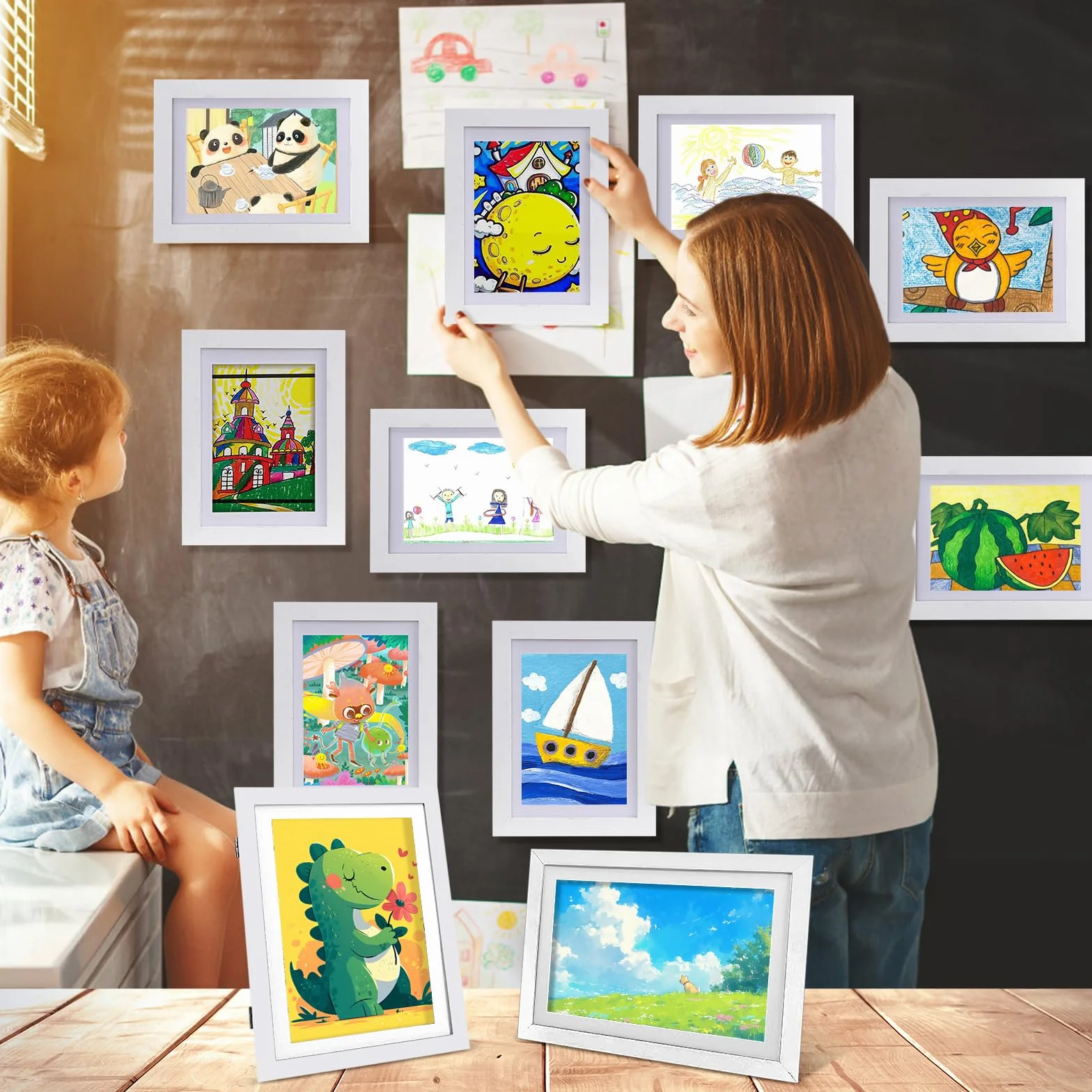 Ramka na zdjęcia dla dzieci, format A4, 2 sztuki, z otworem z przodu, drewniana ramka na zdjęcia dla dzieci, rozkładana ramka na zdjęcia do projektów artystycznych, szkoły, domu (biała)