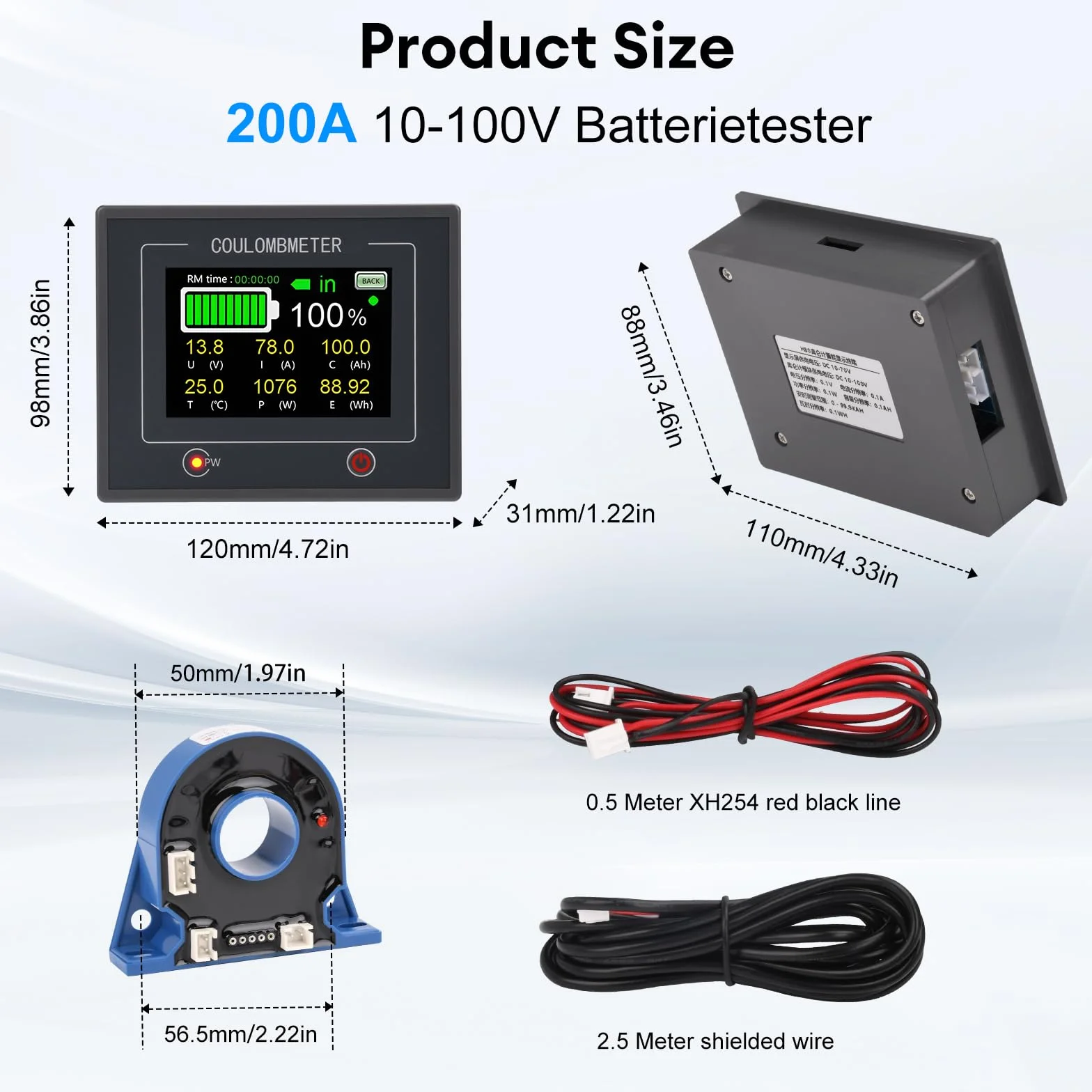 Monitor baterii 200A Cyfrowy monitor baterii 12V 24V 36V 48V Monitor baterii 3,5 "Wielofunkcyjny wyświetlacz LCD 10–100 V do baterii litowej ołowiowej z alarmem