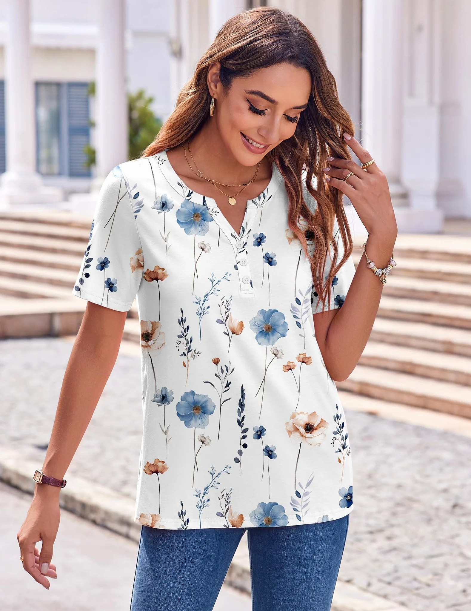 Topy damskie z krótkim rękawem, dekolt w serek, tunika, top z nadrukiem, elegancka luźna koszula z zapięciem na guziki (wielokolorowe, S-XXL)