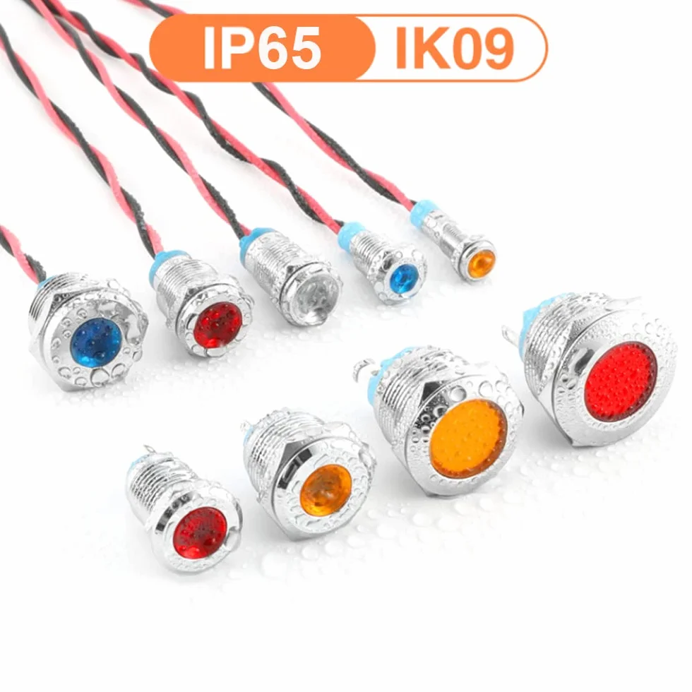 GUUZI 8mm Lampka Kontrolna LED 12-24V Wodoodporna Lampka Sygnalizacyjna Panel Metalowy Wskaźnik LED Lampka Sygnalizacyjna Mocowanie Panelu Głowica Płaska z Przewodami Srebrny Skorupa(Zielony, 6 szt)