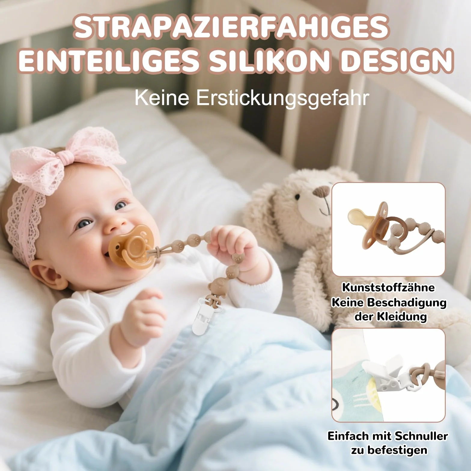 Zestaw 4 silikonowych łańcuszków na smoczek dla niemowląt, z klipsem zabezpieczającym, dla chłopców i dziewczynek, łańcuszek na pacyfir i klips na smoczek, łatwy do czyszczenia, łańcuszki na