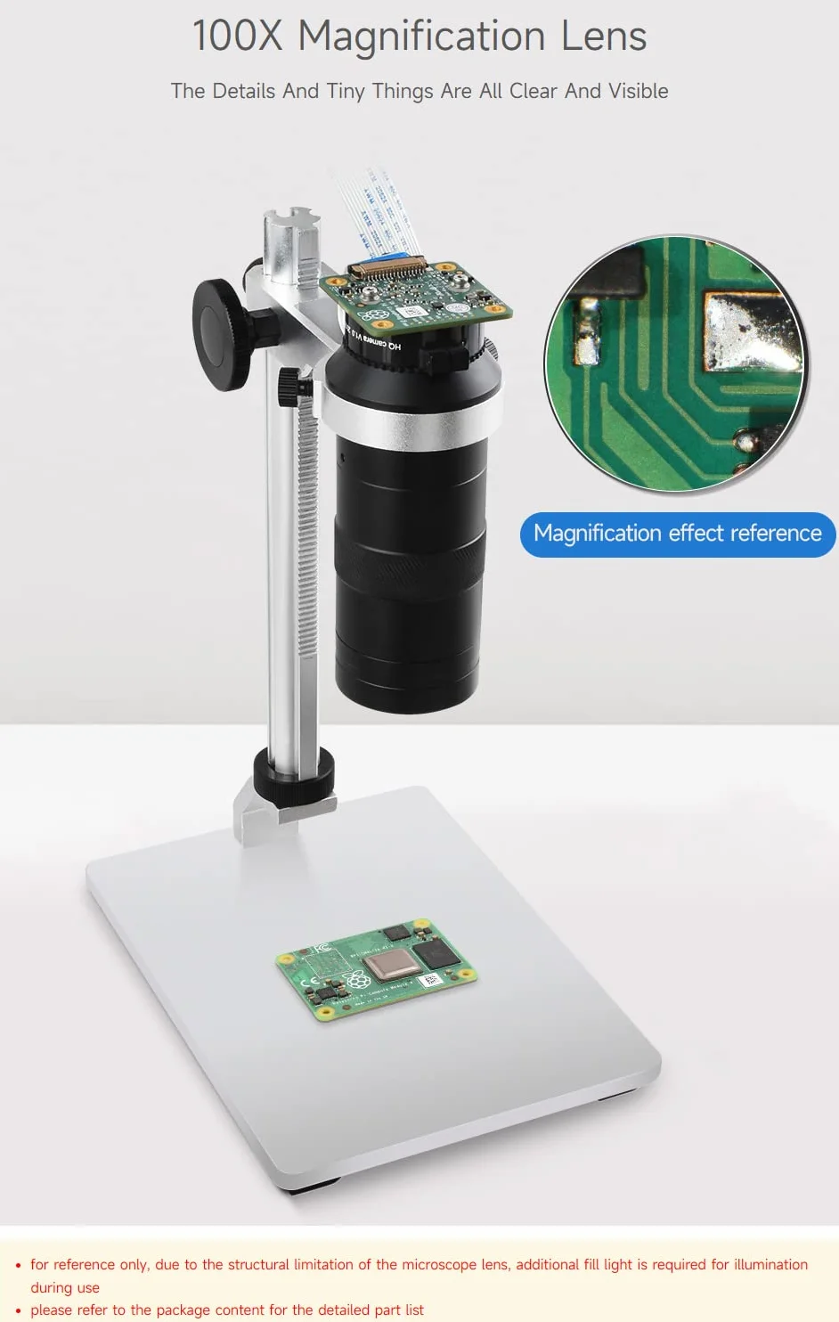 Waveshare Industrial Microscope Lens with 100X Magnification, C/CS-Mount, compatible with Raspberry Pi HQ Camera