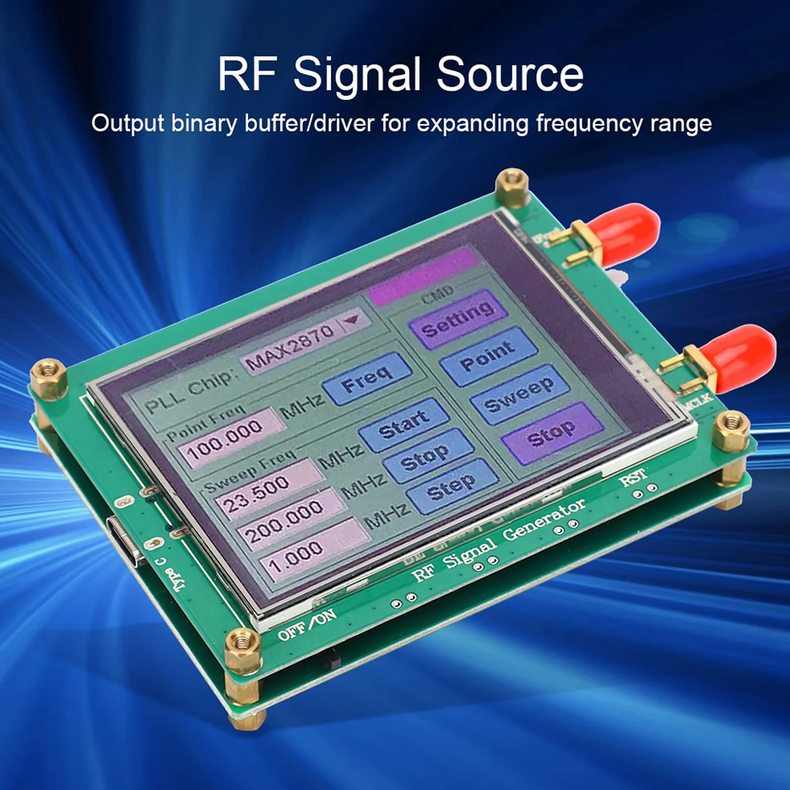 Dioche MAX2870 Moduł źródła sygnału RF, wysoka stabilność, niska częstotliwość szumów 23,5 MHz - 6000 MHz, sterowanie ekranem dotykowym, podwójny tryb pracy, temperatura -40°C do