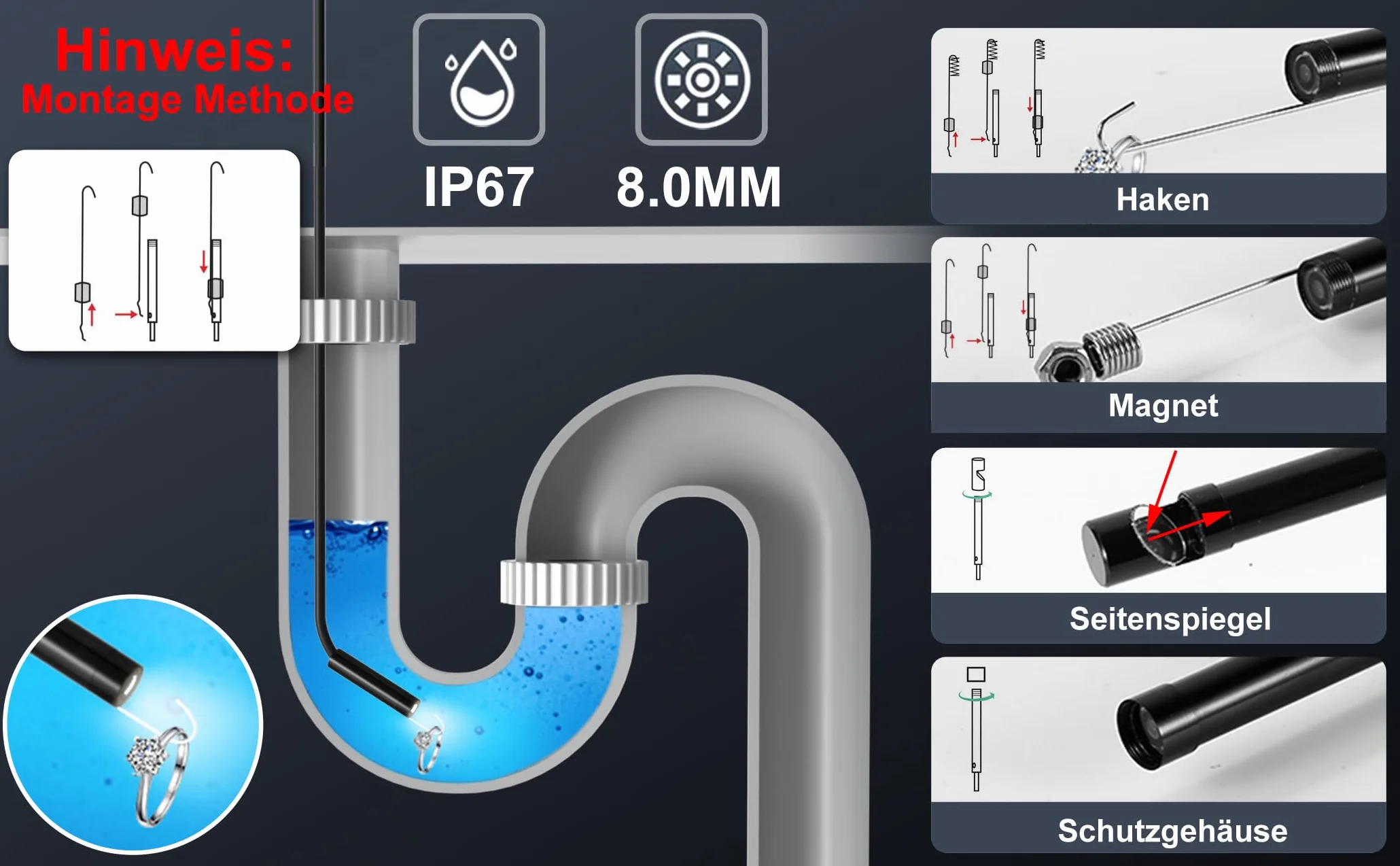kamera endoskopowa z oświetleniem LED, Hofeny 1920p HD, kamera endoskopowa, telefon komórkowy, nie wymaga Wi-Fi, kamera inspekcyjna, kamera kanałowa, kamera endoskopowa boreskop, wodoszczelna
