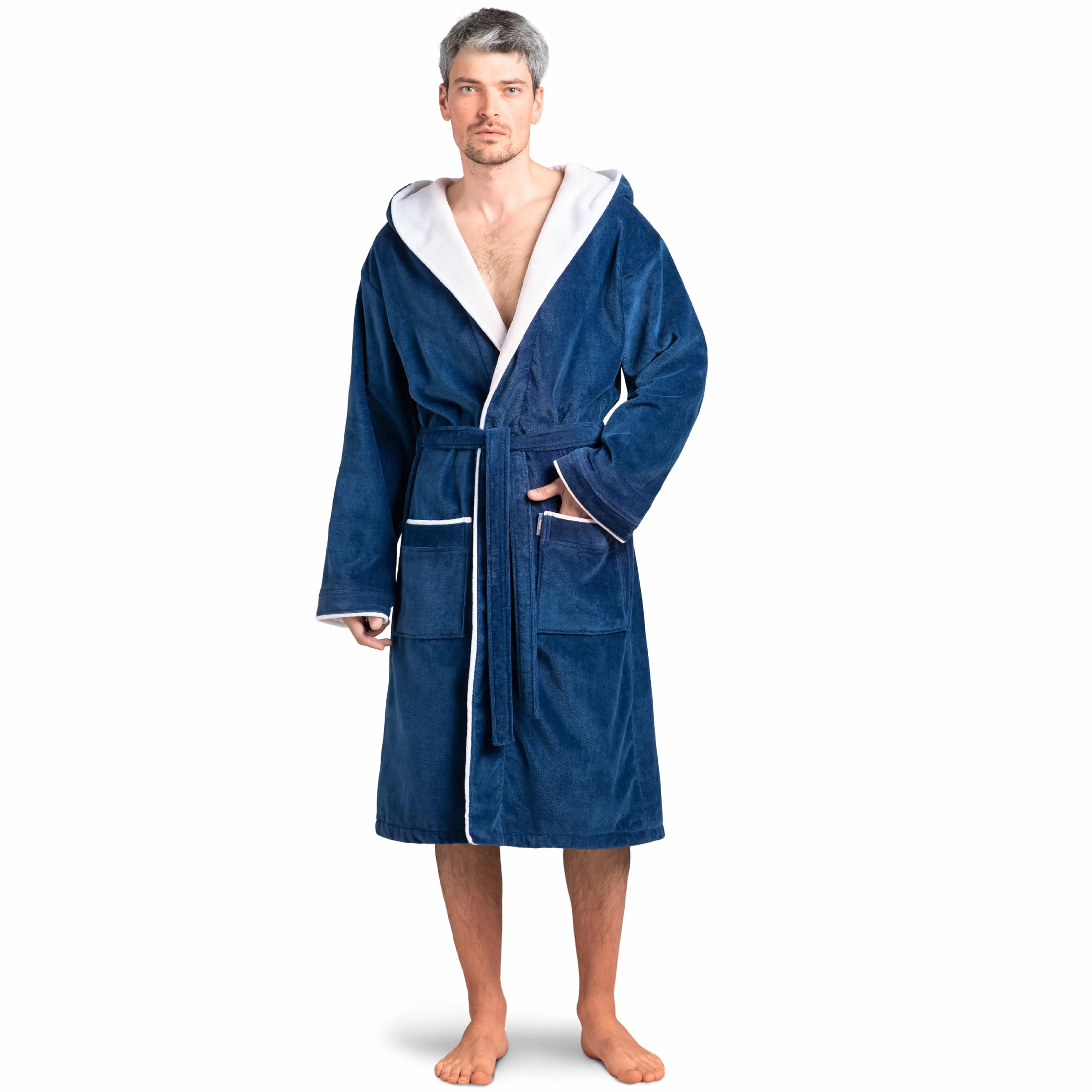 Twinzen męski szlafrok frotte z kapturem - 100% bawełna welurowa premium OekoTex - męski szlafrok kąpielowy bardzo miękka gąbka