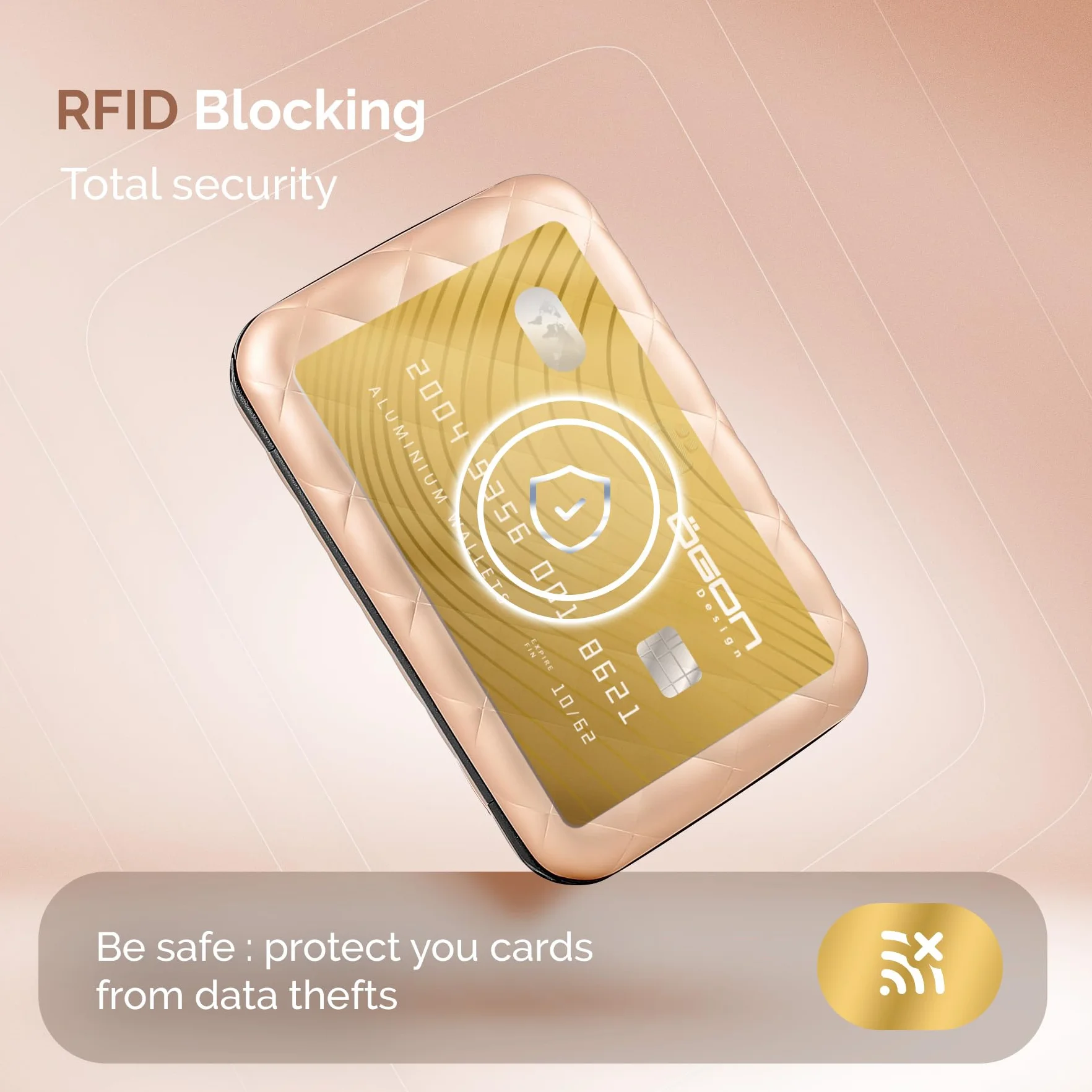 Ögon Inteligentne portfele - Aluminiowy portfel Quilted Button - Kobiety - Etui na karty blokujące RFID - Do 10 kart i banknotów (różowe złoto)
