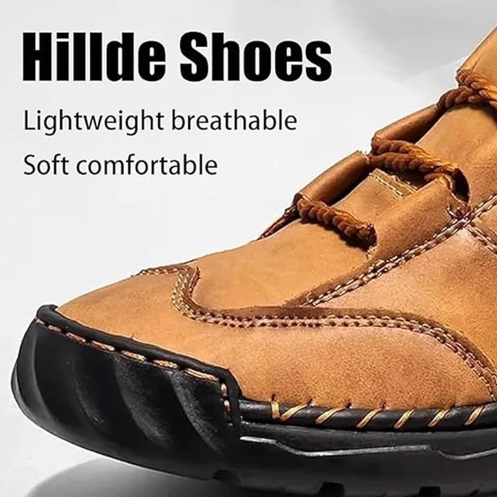 Sawbehind Men's Comfortable Handmade Leather Boots, Men's Casual Leather Handmade Non-Slip Arch Support Shoes(Khaki,45 EU)