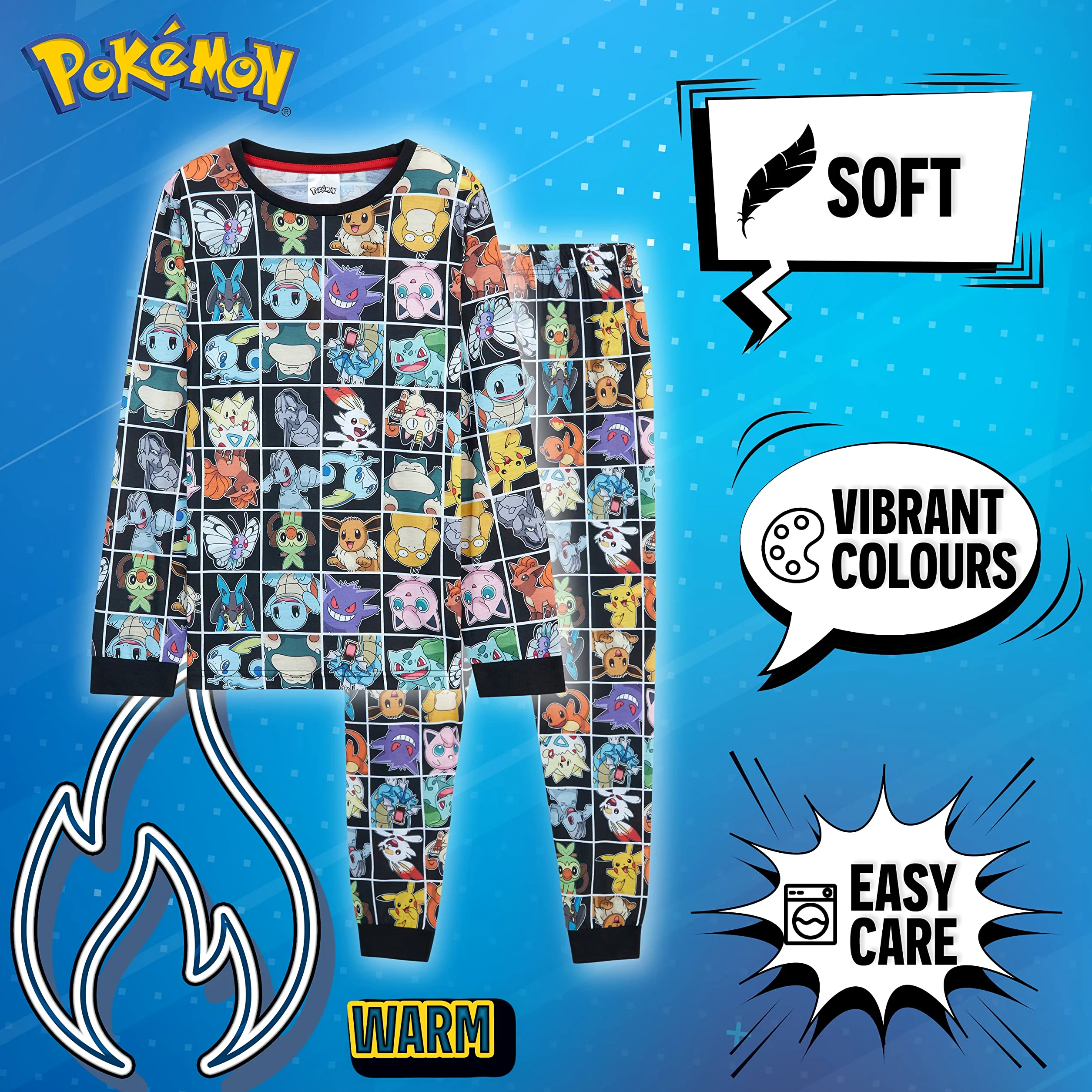 Pokémon Piżama dla chłopców, 2-częściowy zestaw piżam dziecięcych z Snorlax, Pikachu, Squirtle, Bulbasaur i Charmender, koszulka z długim rękawem, 100% bawełniana bielizna nocna dla dzieci, prezent dla chłopców, Czarny