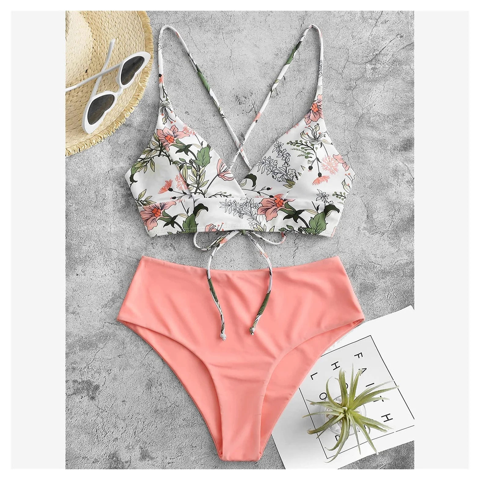 Dwuczęściowy strój kąpielowy Bikini Kobieta Moda letnia Kobiety Dwuczęściowy kwiatowy nadruk Zestawy podzielone Plus rozmiar Kostiumy kąpielowe Strój kąpielowy Bikini Zestaw bikini (różowy XL)
