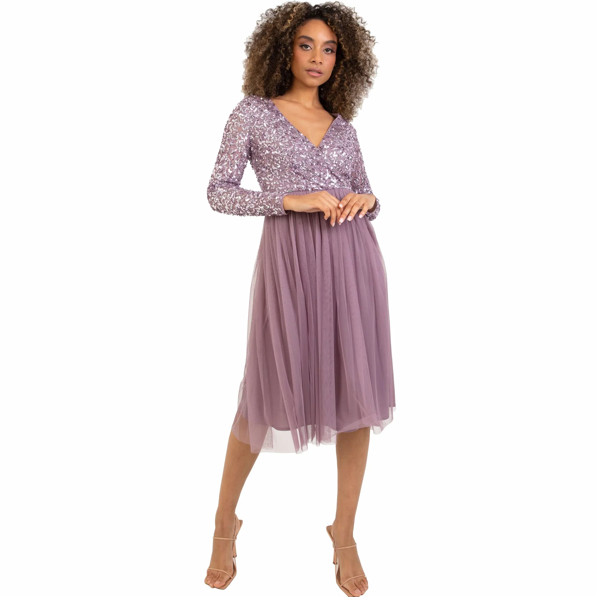 Maya Deluxe Sukienka druhny Kobiety Midi Dress Long Sleeve Plunging Neckline V Neck Sequin Embellished Graduation