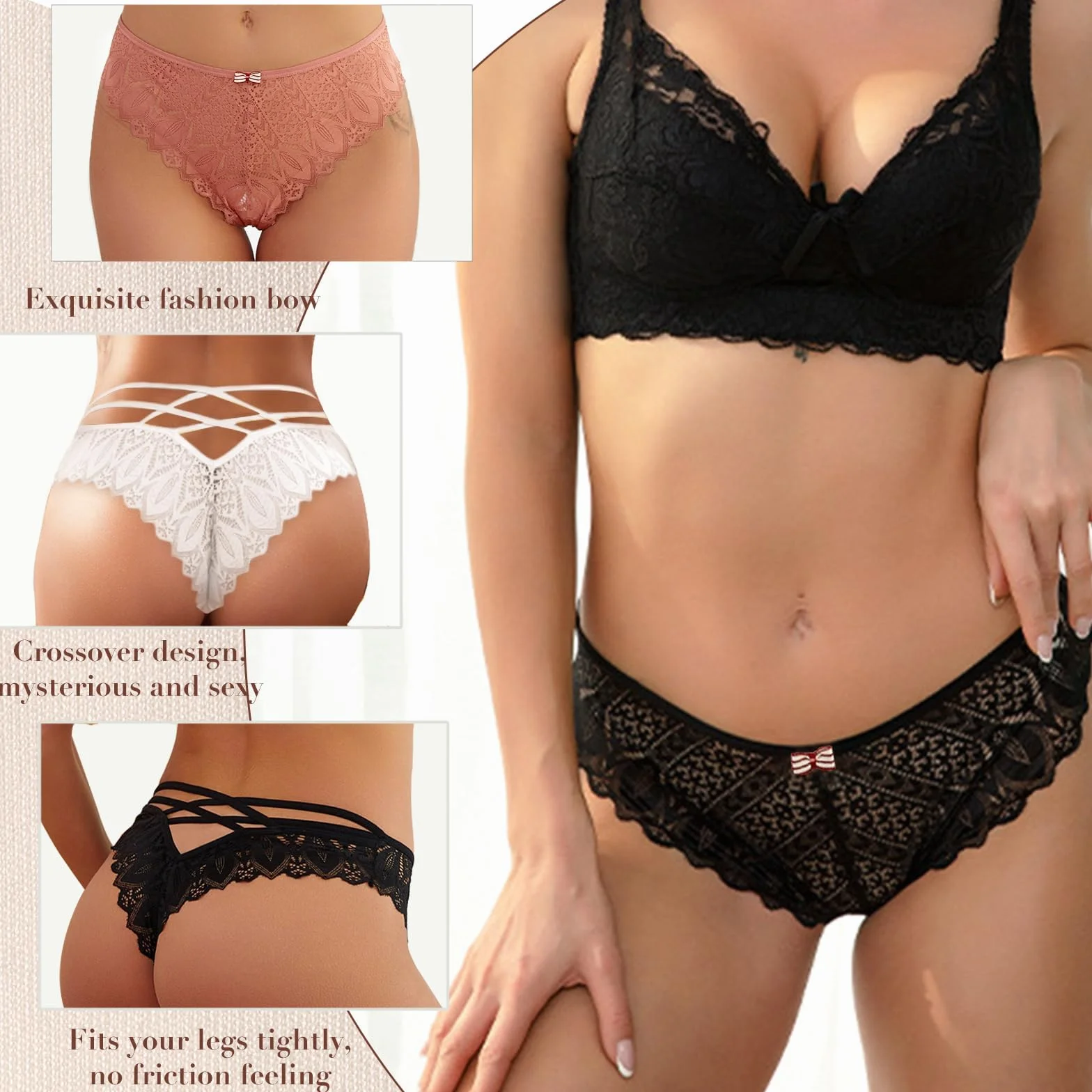 Lishang Zestaw 5 stringów damskich, seksowne eleganckie koronkowe stringi, niskie figi, majtki damskie, kobieca bielizna, kuszące stringi
