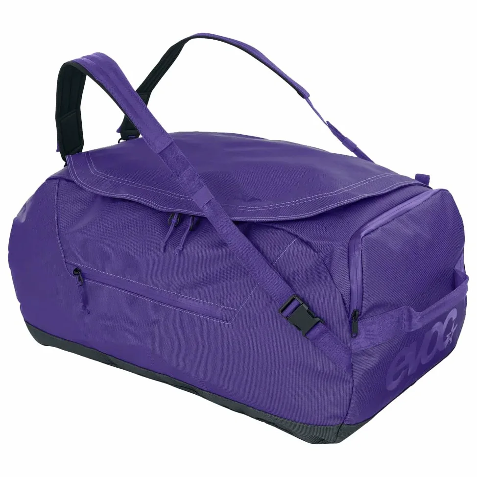 EVOC DUFFLE BAG 60 Wodoodporna torba podróżna i na sprzęt (torba podróżna z odpinanym paskiem do noszenia, uniwersalnym zastosowaniem i zamkiem, bez PVC, rozmiar M), fioletowo-czarna