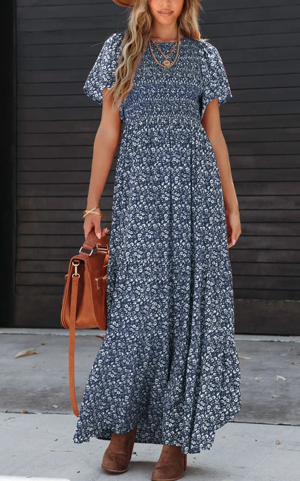 PRETTYGARDEN Women's Floral Maxi Dress Round Neck Short Flutter Sleeve Smocked Ruffle Flowy Tiered Boho Dress Navy Medium