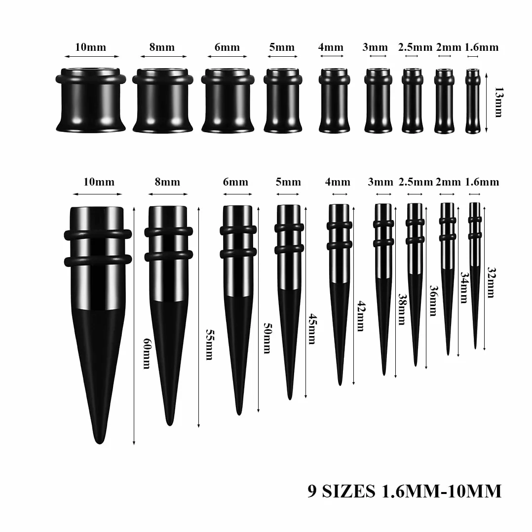 Huacan 36 szt. zestaw do rozciągania uszu ze stali nierdzewnej czarny srebrny tęczowe rozciągacze do uszu stożek punkowy piercing, Stal nierdzewna, guma, stal