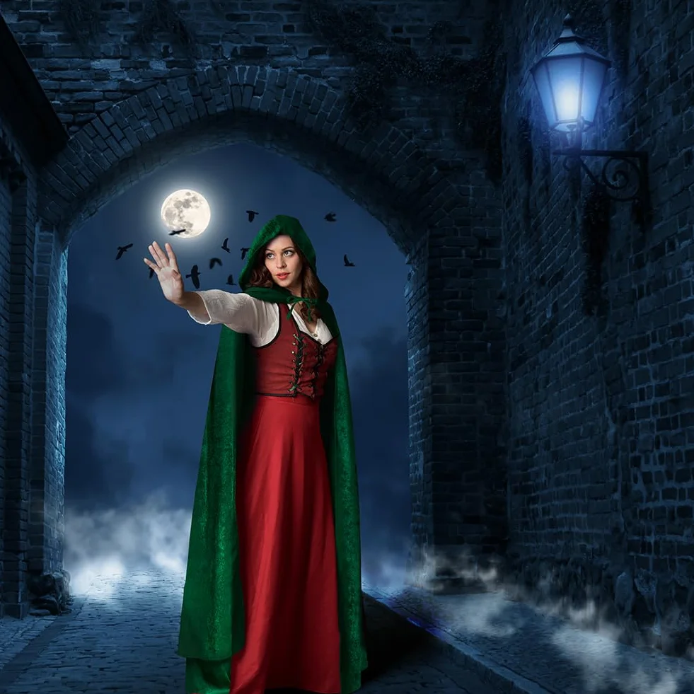 AOOWU Zielona peleryna, Halloween, peleryna z kapturem, czarownica, akcesoria do cosplay, kostium dla dorosłych, ponury żniwiarz, peleryna, długi płaszcz dla wampira, na Halloween, imprezę rodzinną