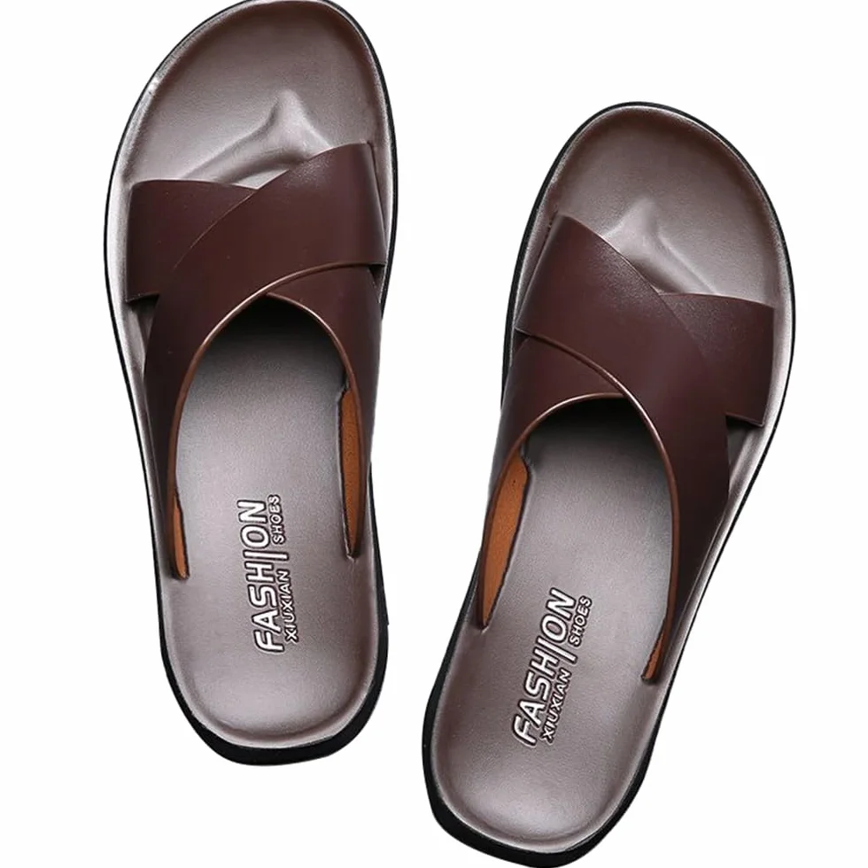 MGGMOKAY Męskie skórzane sandały, cross slide sandały, letnie oddychające buty plażowe