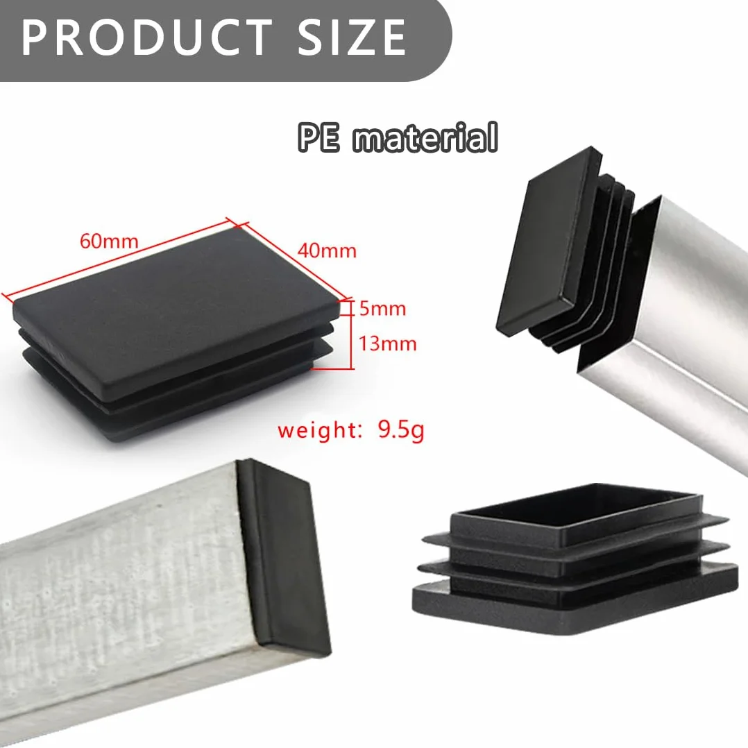10 szt. zaślepek lamelowych 60 x 40 mm do rury czworokątnej, czworokątne zaślepki z tworzywa sztucznego PE, zatyczki do rur stalowych, rur ze stali nierdzewnej, rury aluminiowej i profilu