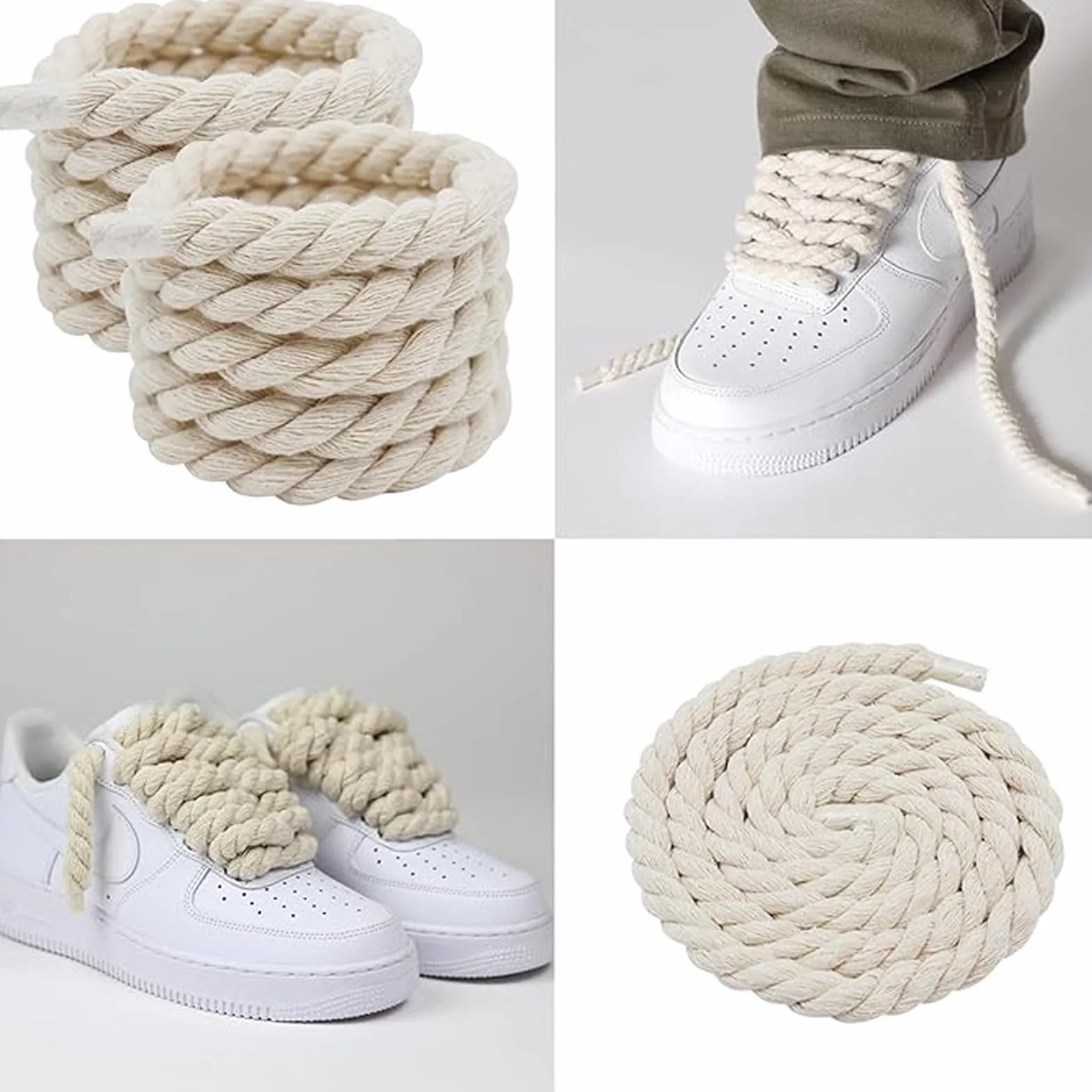 Rope Laces, 2 pary szerokich, okrągłych sznurowadeł sznurowanych do butów sportowych - 2 pary wysokiej jakości okrągłych sznurowadeł z bawełny - biały i beżowy - 160 cm, biały beżowy, 150