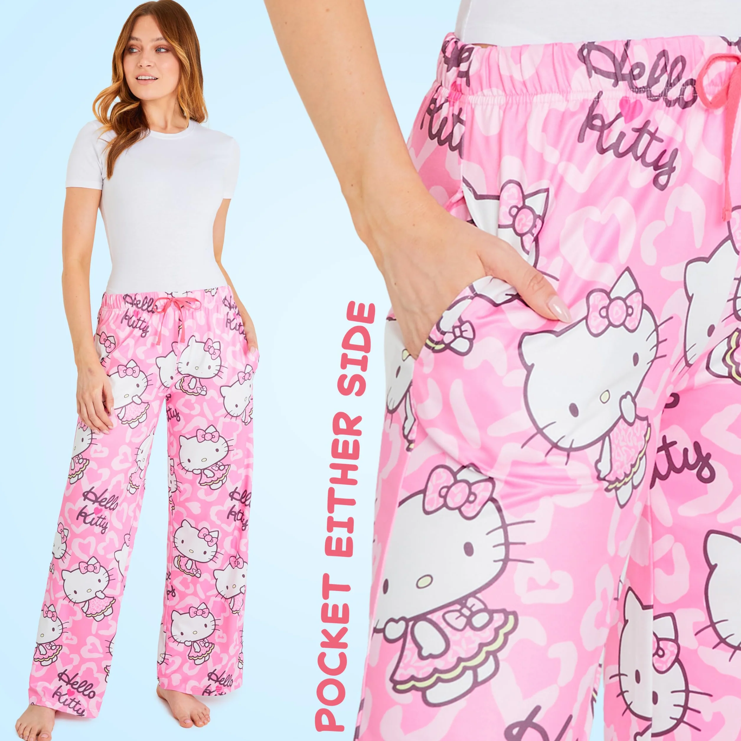 Hello Kitty Damskie spodnie piżamowe, wygodna elastyczna odzież wypoczynkowa, oddychające piżamy - prezenty dla kobiet (rozmiar M, różowy), różowy, M