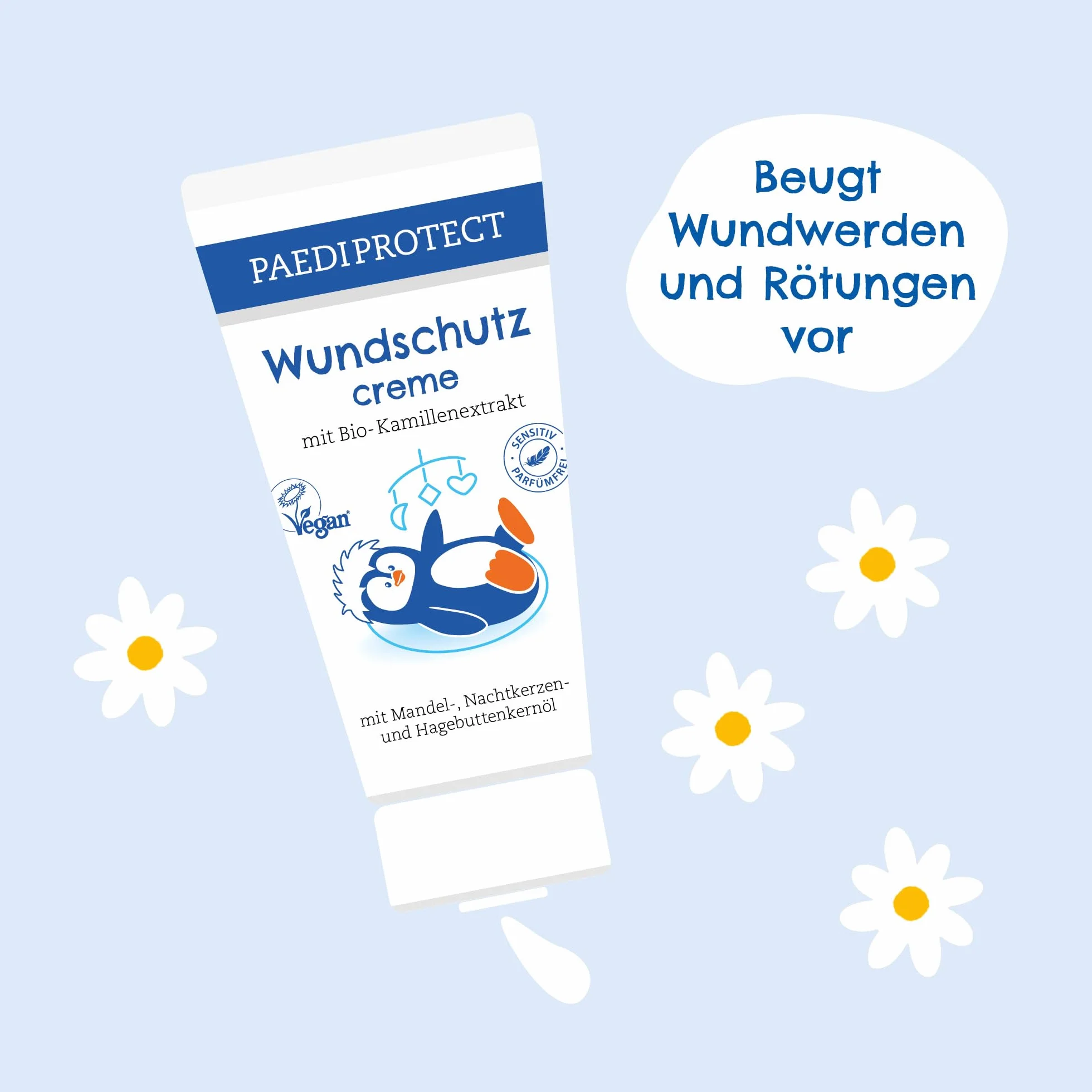 PAEDIPROTECT Krem do ochrony ran, dla niemowląt, 50 ml, maść na ranę bez perfum i silikonów, wegański krem dla niemowląt, ochrona wrażliwej skóry dziecka w obszarze pieluch, bio-rumianek maść lecznicza pomaga w zaczerwienieniu