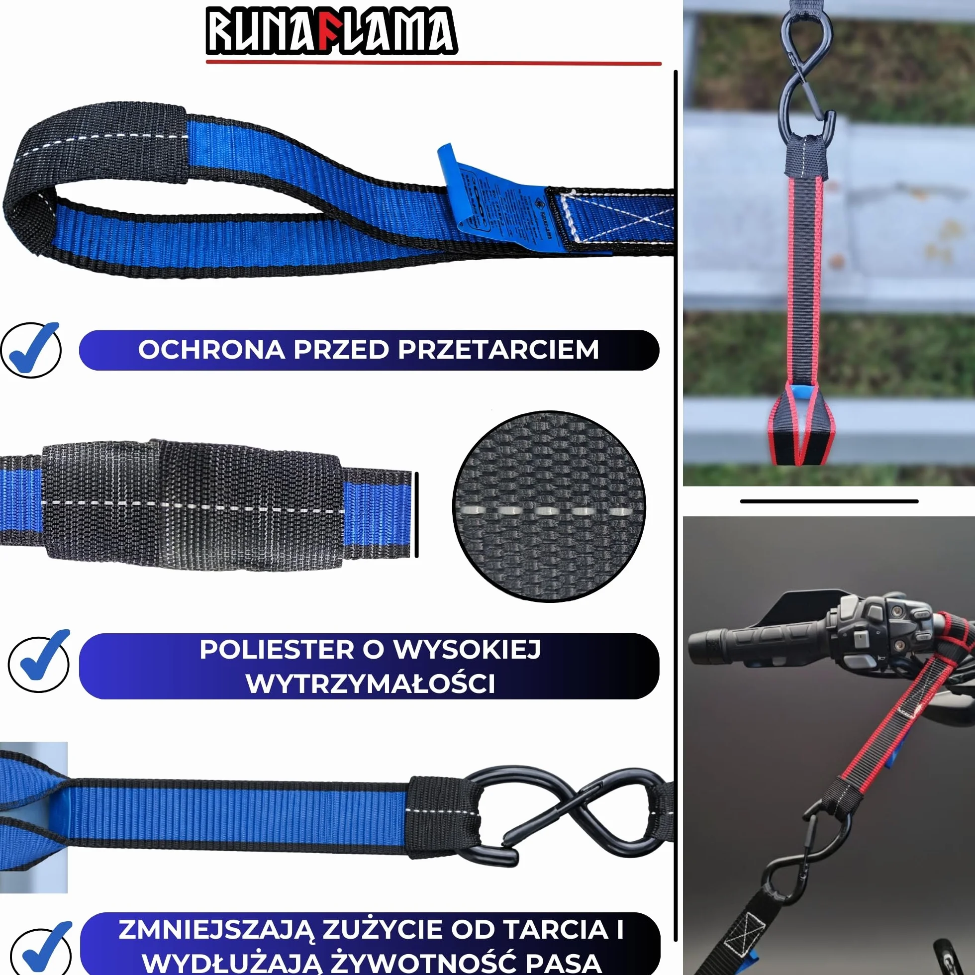 Pasy Mocujące do Motocykla 30 i 45 cm 2400 kg, Pasy Transportowe do Mocowania Motocykla na Przyczepie, Kierownicy i Ramie, Zabezpieczenie Ładunku w Transporcie, 4 Sztuki Niebieski
