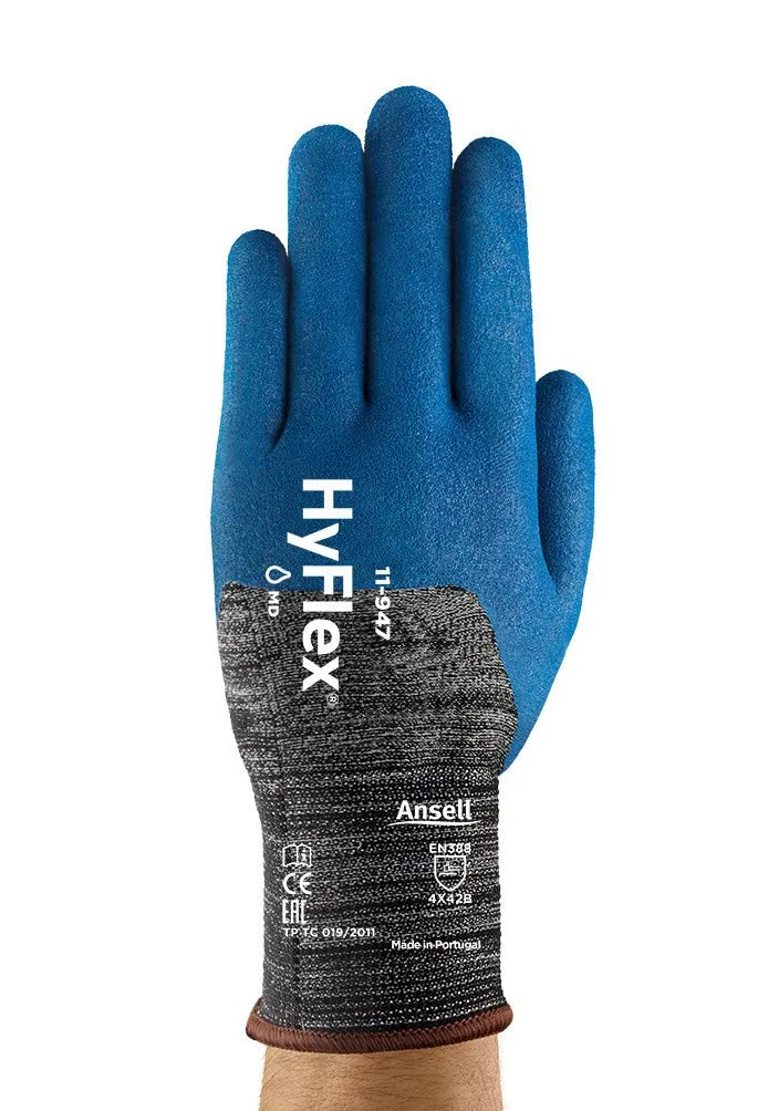 Ansell Hyflex 11-947 Oléofogs Work Rękawiczki, doskonała przyczepność i odporność na ścieranie, ochrona przed kawałkami, profesjonalne EPI, niebieski, rozmiar L (12 par)
