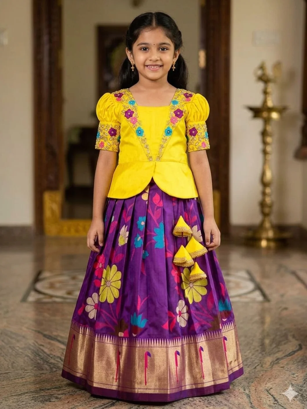 White Button Satin New South Indian Traditional Collar Digital Pattu Pavadai Readymade Lehenga Choli For Girl's Dress