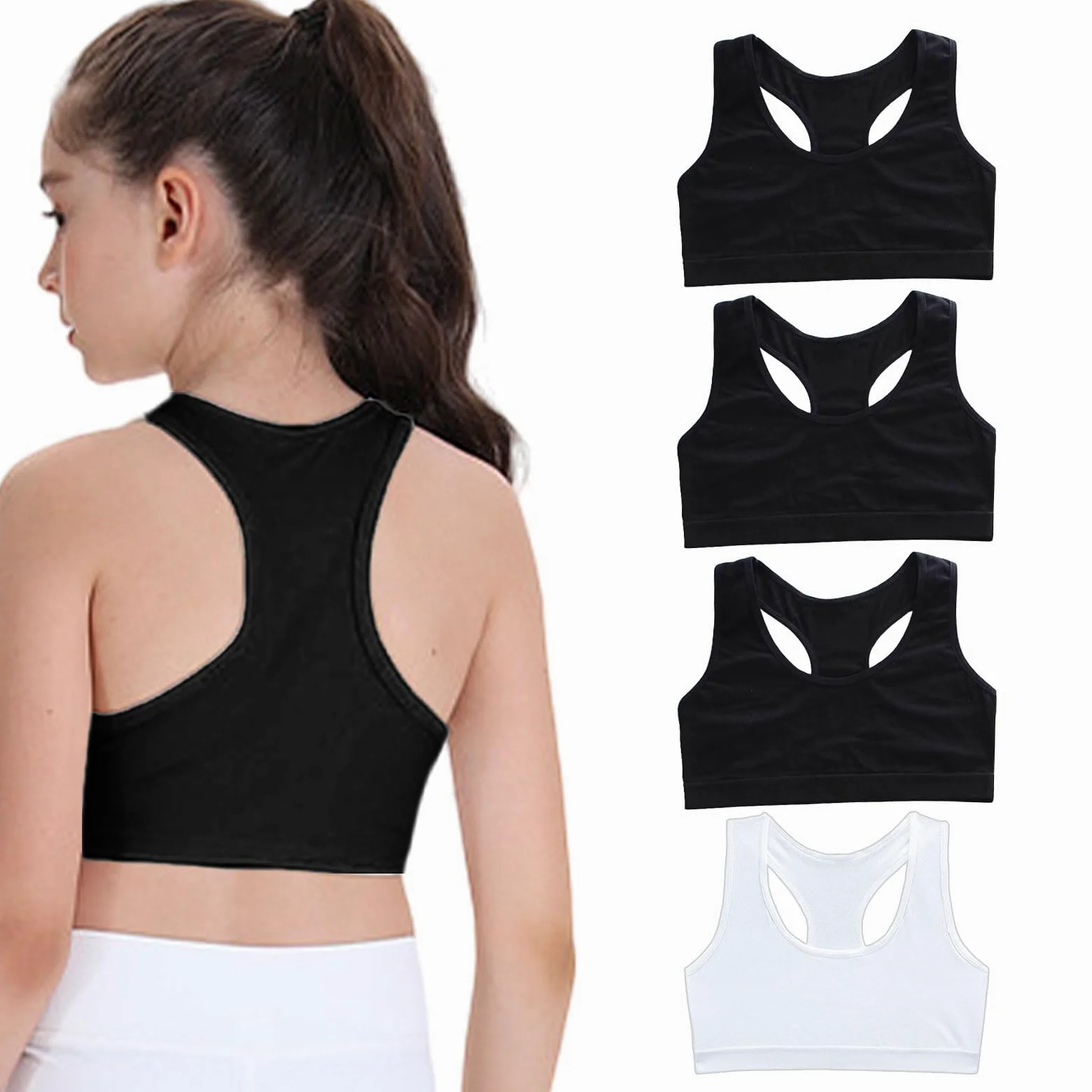 HXZASFG 4-pak biustonoszy typu Crop Top dla dziewczynek, miękki, wygodny bawełniany biustonosz sportowy dla dzieci, bielizna, nieusztywniany biustonosz treningowy, biustonosz typu Crop Top dla