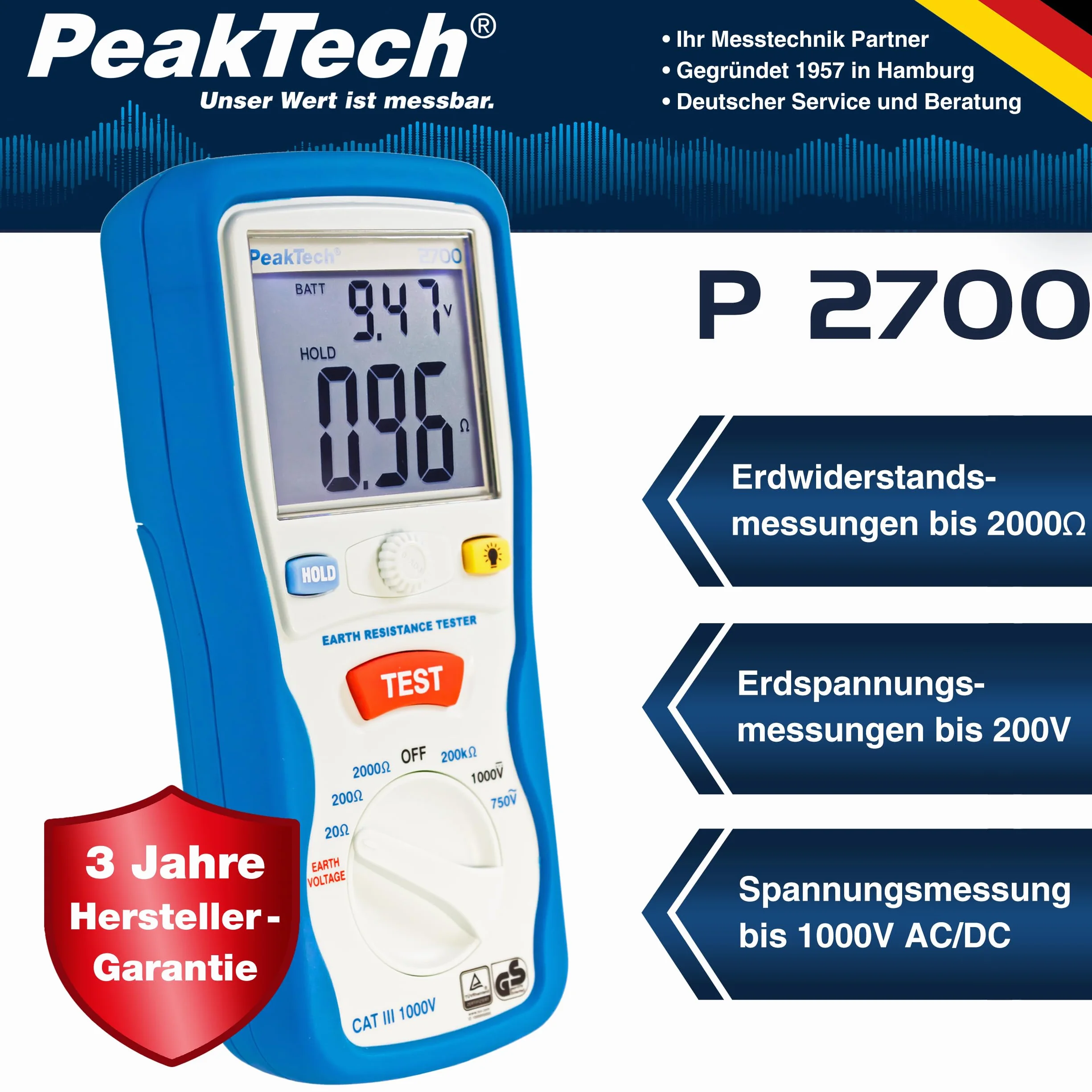 PeakTech 2700 - cyfrowy miernik uziemienia z podświetlanym podwójnym wyświetlaczem LCD i 2 prętami uziemiającymi, oporem podłogowym, pomiarem, AC/DC, TÜV/GS, Data-Hold