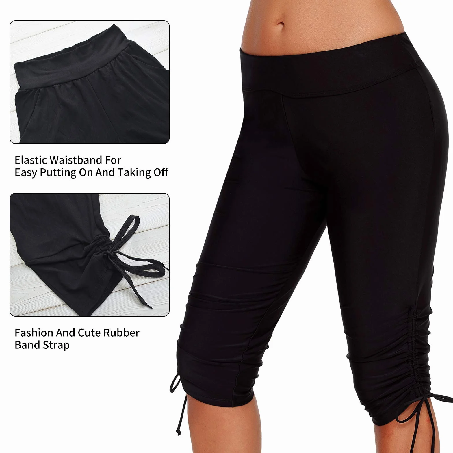 Damski kostium kąpielowy szorty sportowe szybkoschnące boardshorts spodenki kąpielowe z wysokim stanem jednokolorowe S-XXL, czarny, L