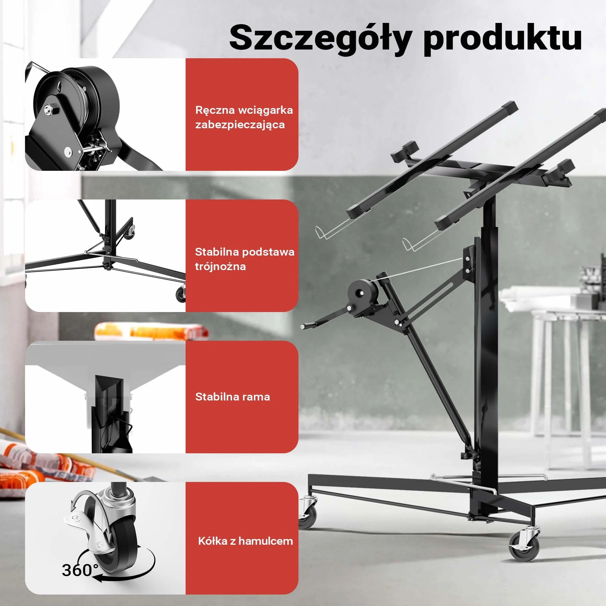 Podnośnik do paneli Wiltec XXL do maks. 68 kg, wysokość 140-350 cm, maks. szerokość 2,90 m, pomoc w montażu płyt kartonowo-gipsowych, obsługa przez 1 osobę, 3 koła z hamulcem postojowym, czarny
