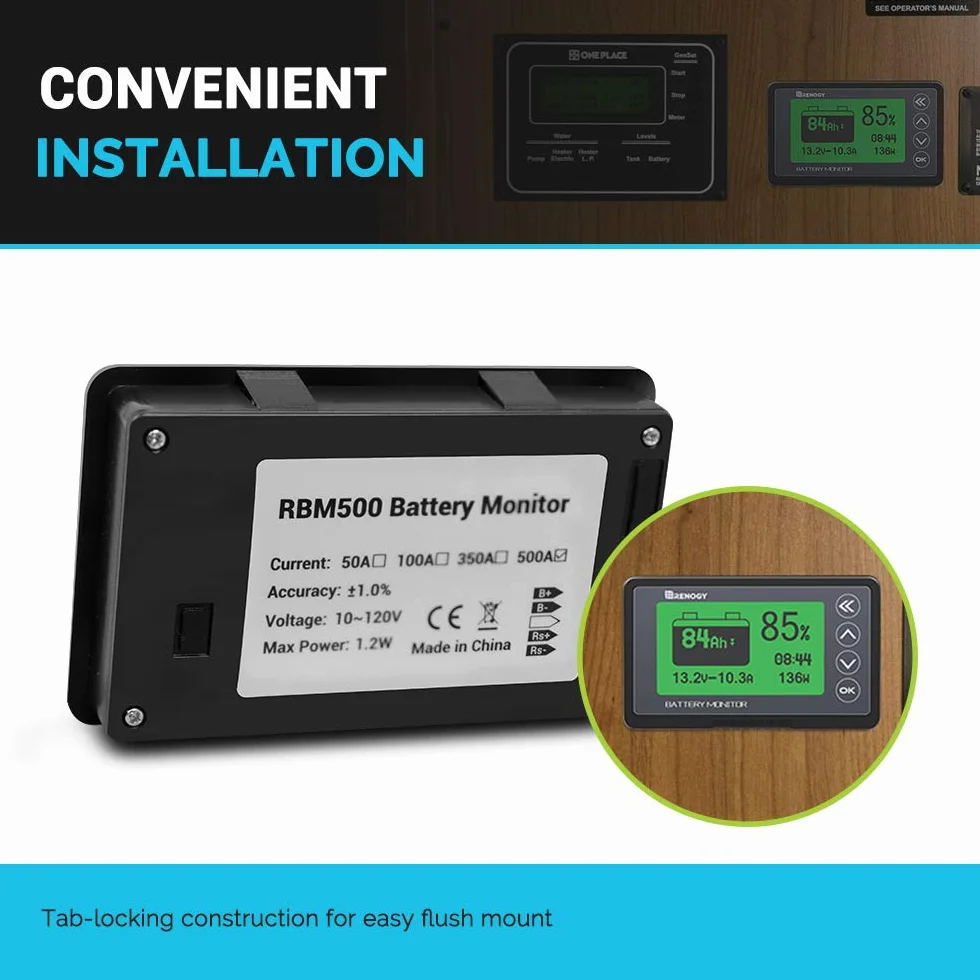 Renogy Czujnik baterii 500 A, 12 V/24 V/36/48 V, bardzo precyzyjny monitor baterii z programowalnym alarmem wysokiego/niskiego napięcia, kompatybilny z LiFPO4, AGM, uszczelnione, żelowe, mokre baterie