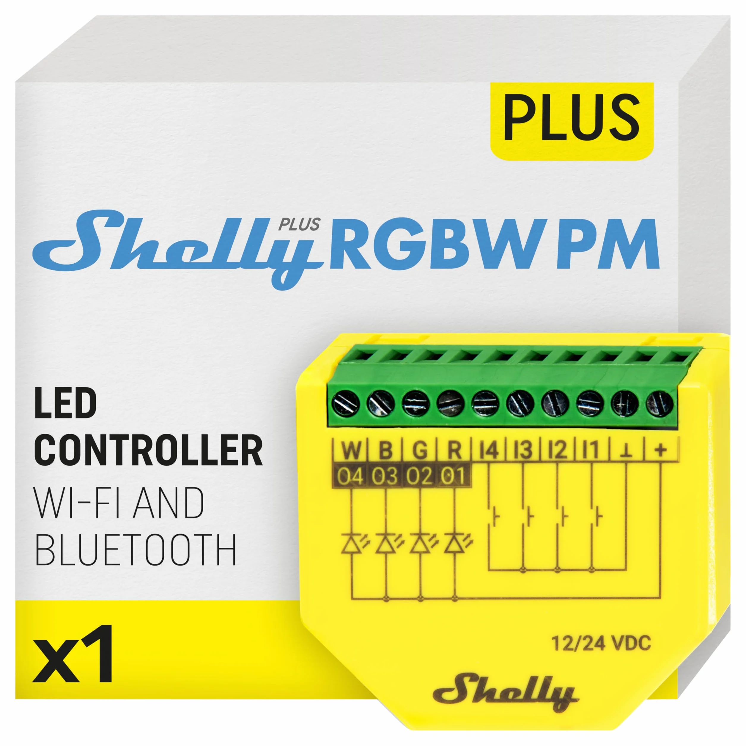 Shelly Plus RGBW PM - kontroler Wi-Fi do taśm LED 12-24 VDC białych lub kolorowych, RGB, RGBW i LED, funkcja pomiaru mocy, zdalne sterowanie, kompatybilny z Alexa, Google Home, aplikacją iOS, Android