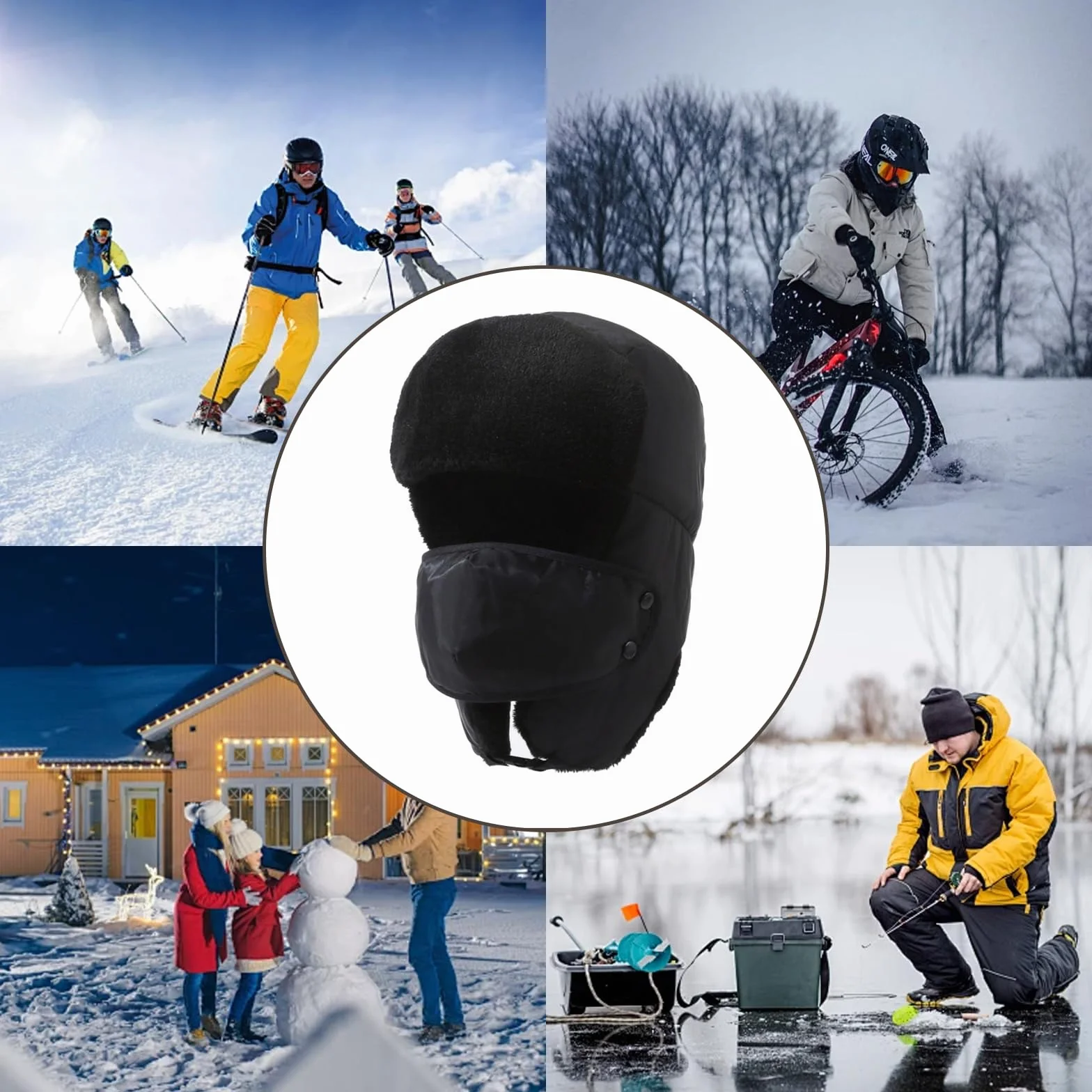 Czapka lotnicza Unisex, Ushanka czapka z nausznikami i odpinaną maską, wiatroszczelna zimowa czapka narciarska, ciepła czapka myśliwska męska kobieta, czarne, rozmiar uniwersalny