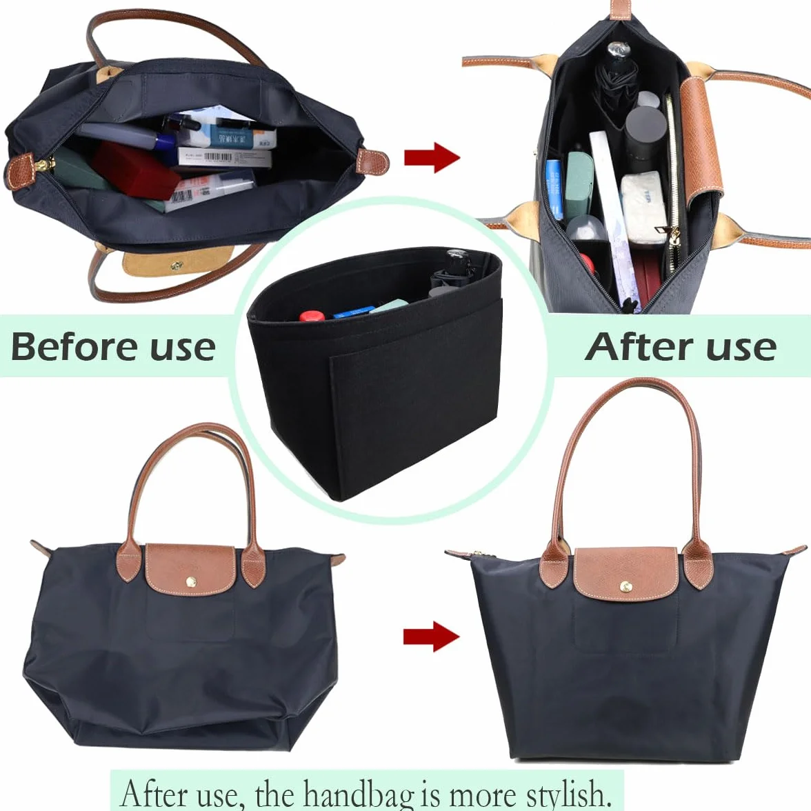Lckaey Wkładka do organizera do torebki Longchamp le pliage duży organizer na zakupy wkładka filcowy organizer 1028czarny-L