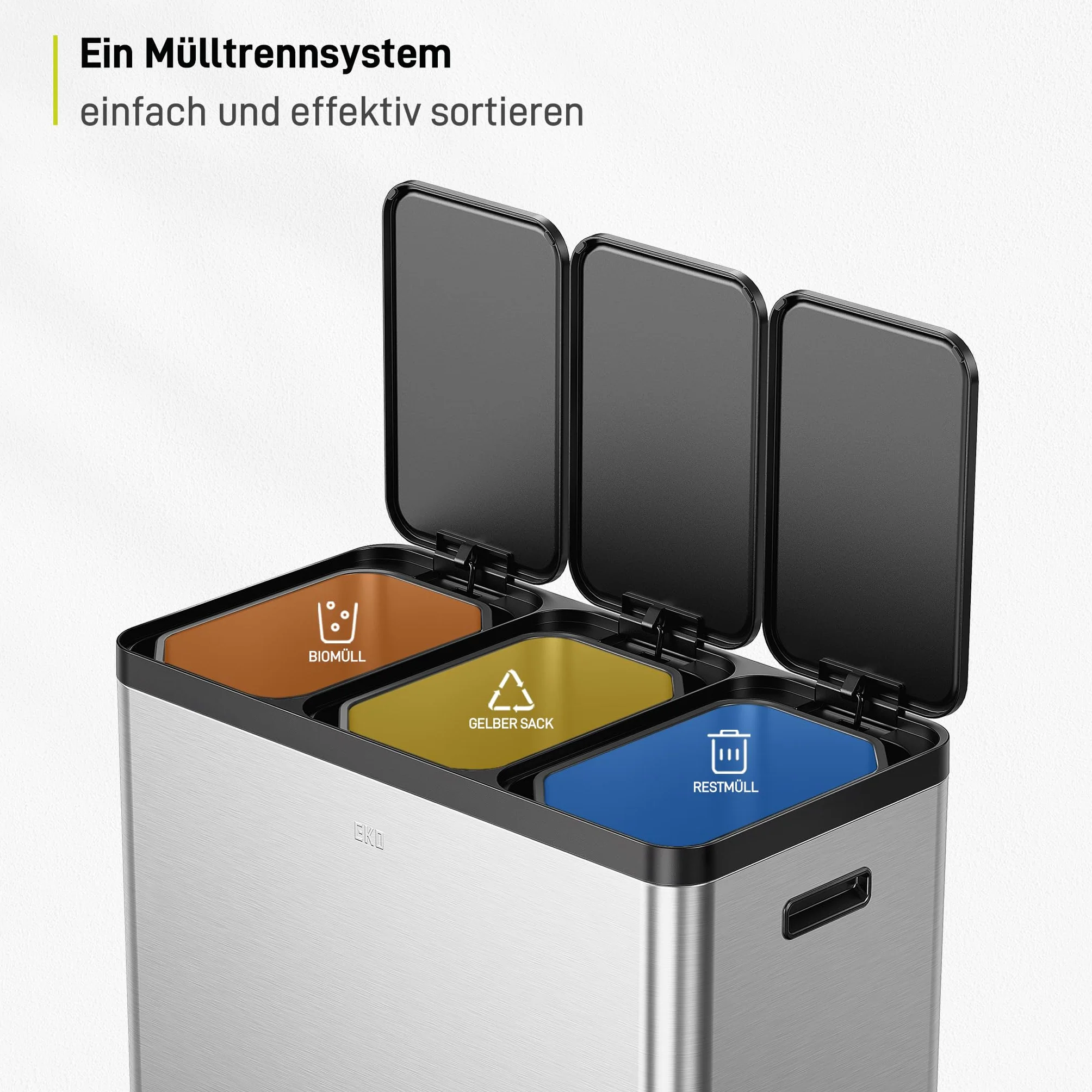 EKO Essential kosz na śmieci z 3 przegródkami, 3 x 20 l, system segregacji śmieci, w zestawie 20 worków na śmieci, duży kosz na śmieci z pokrywką, delikatne zamykanie i hermetyczny, szczotkowana stal