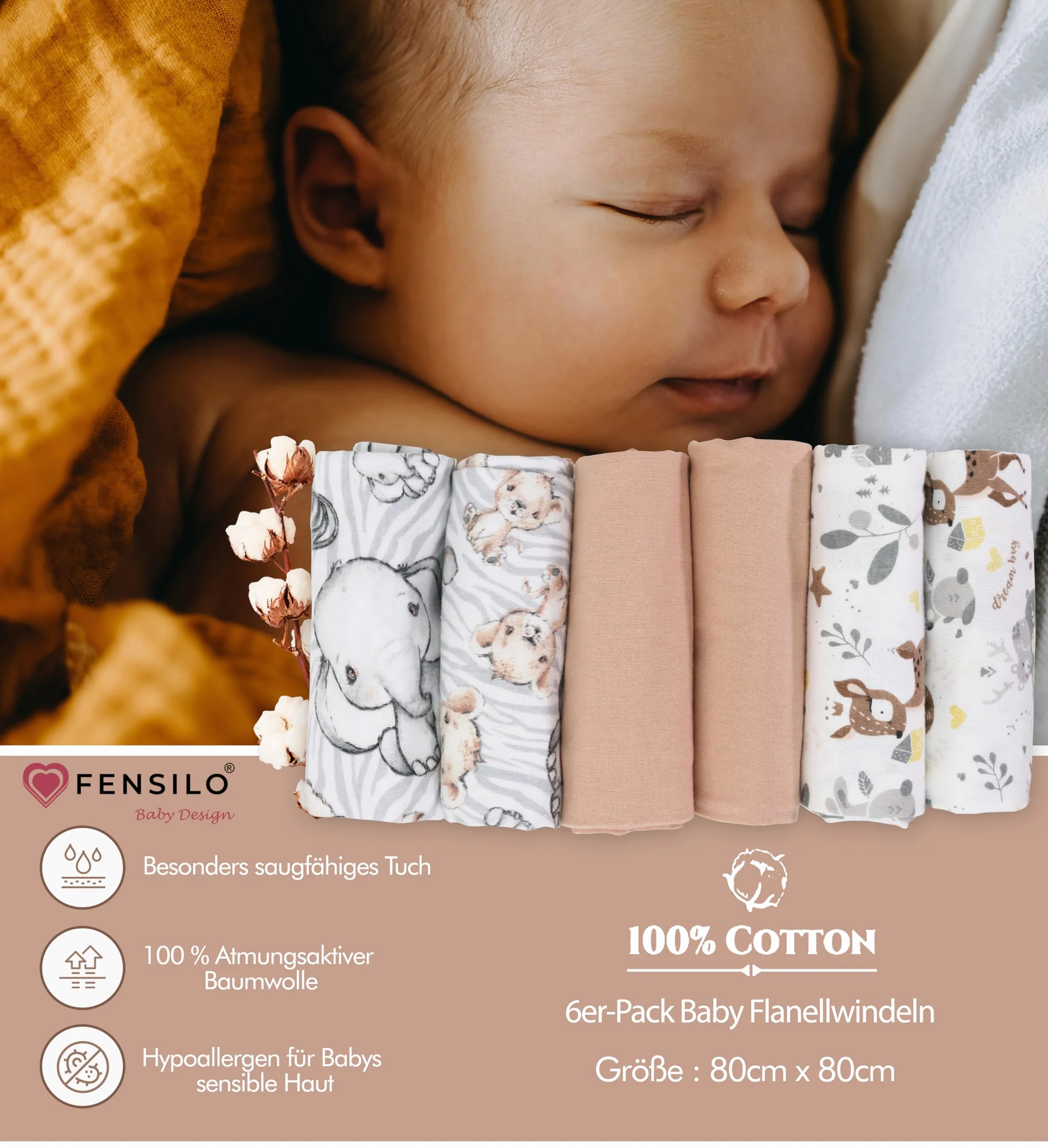 FENSILO Chusteczki Molton, 5 sztuk, pieluchy flanelowe ze 100% bawełny, 80 x 80 cm, pieluchy Molton, chustki do ślinienia dziecka, flanelowe, uniseks, dla chłopców lub dziewczynek