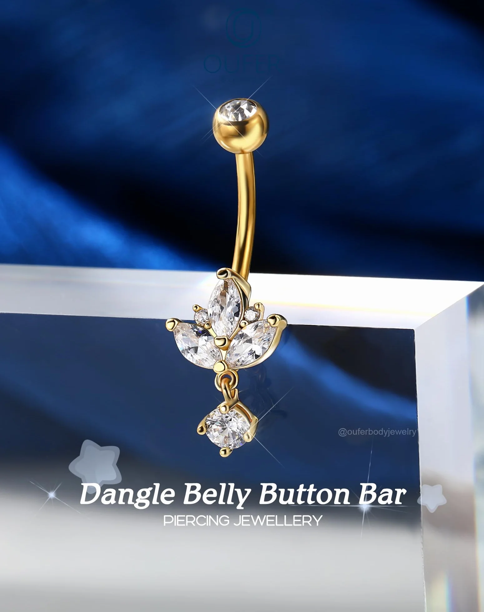 OUFER Lotus Piercing do pępka 14G Dangly srebrny złoty kolczyk do brzucha biżuteria ze stali chirurgicznej CZ Belly Bar 10 mm
