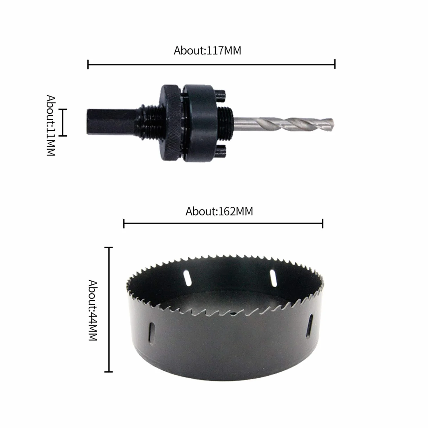 Otwornica 162 mm, Laiwei wiertło do otworów z trzpieniem do dużych obciążeń A2, wiertło 4341, głębokość cięcia 38 mm, do wiercenia otworów w drewnie, profilach aluminiowych, PCW i rurach metalowych