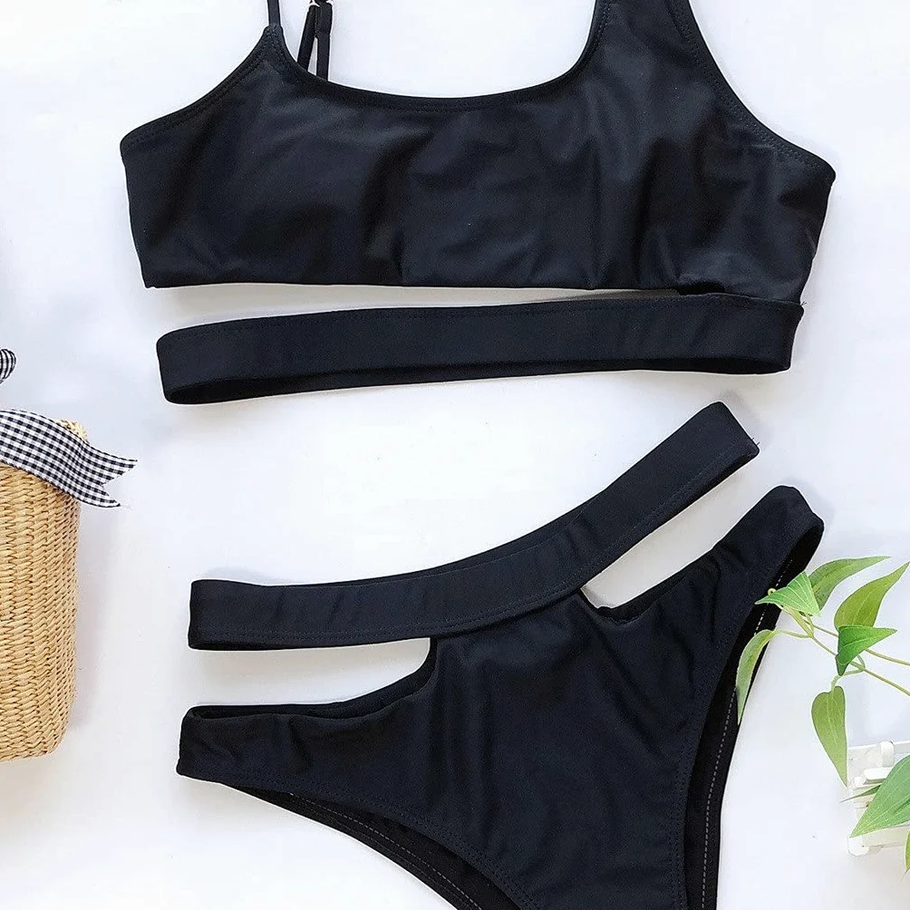 Moda seksowne damskie bikini w jednolitym kolorze push-up damskie stroje kąpielowe dwuczęściowy zestaw kostiumów kąpielowych kąpiący średnio talia kostium kąpielowy pływanie (kolor: czarny, rozmiar: