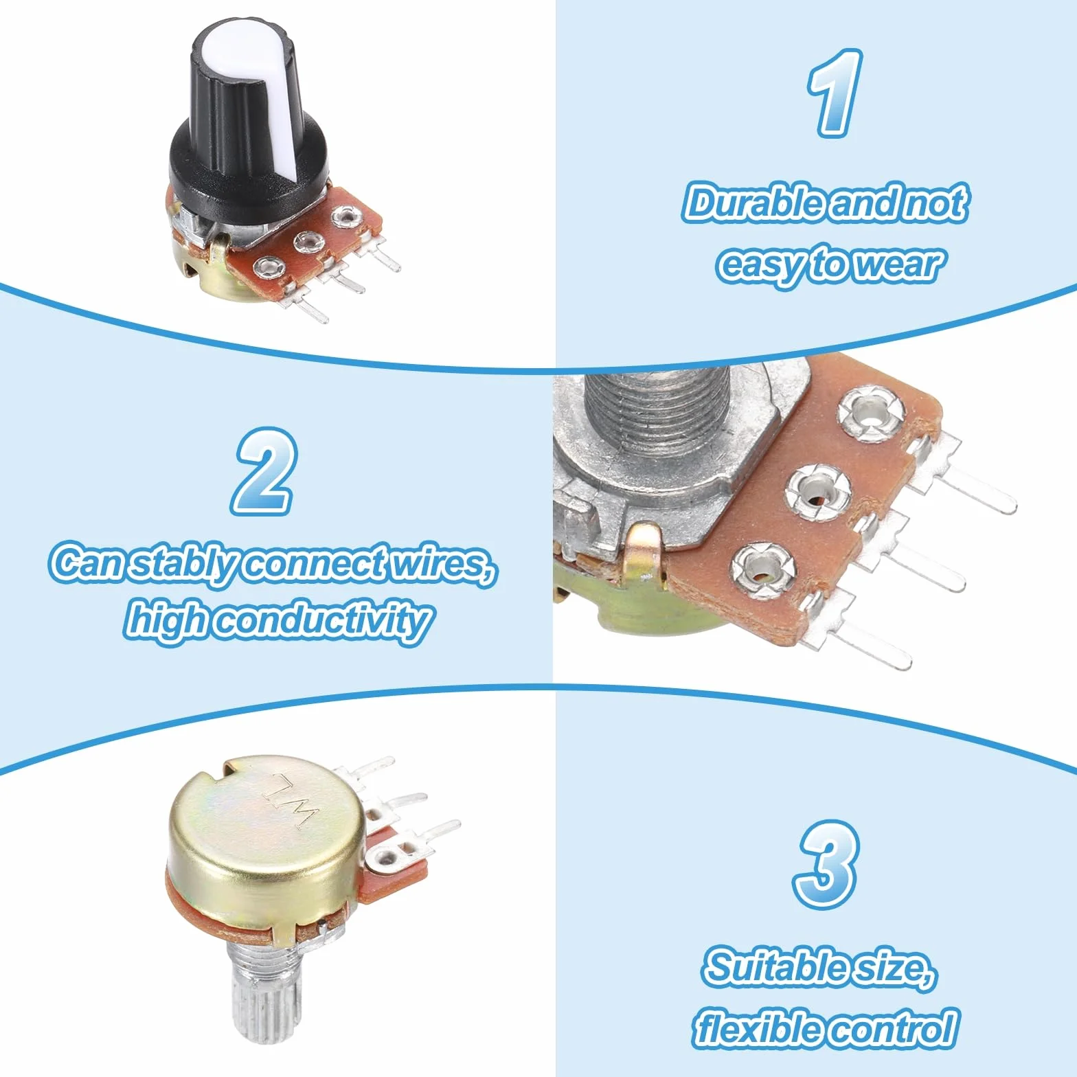 QUARKZMAN 5 szt. WH-148 3-pinowy potencjometr B1M Ohm liniowy potencjometr obrotowy XH2.54 Opór zmienny potencjometr z 5 plastikowymi przyciskami do sprzętu audio, elektroniki