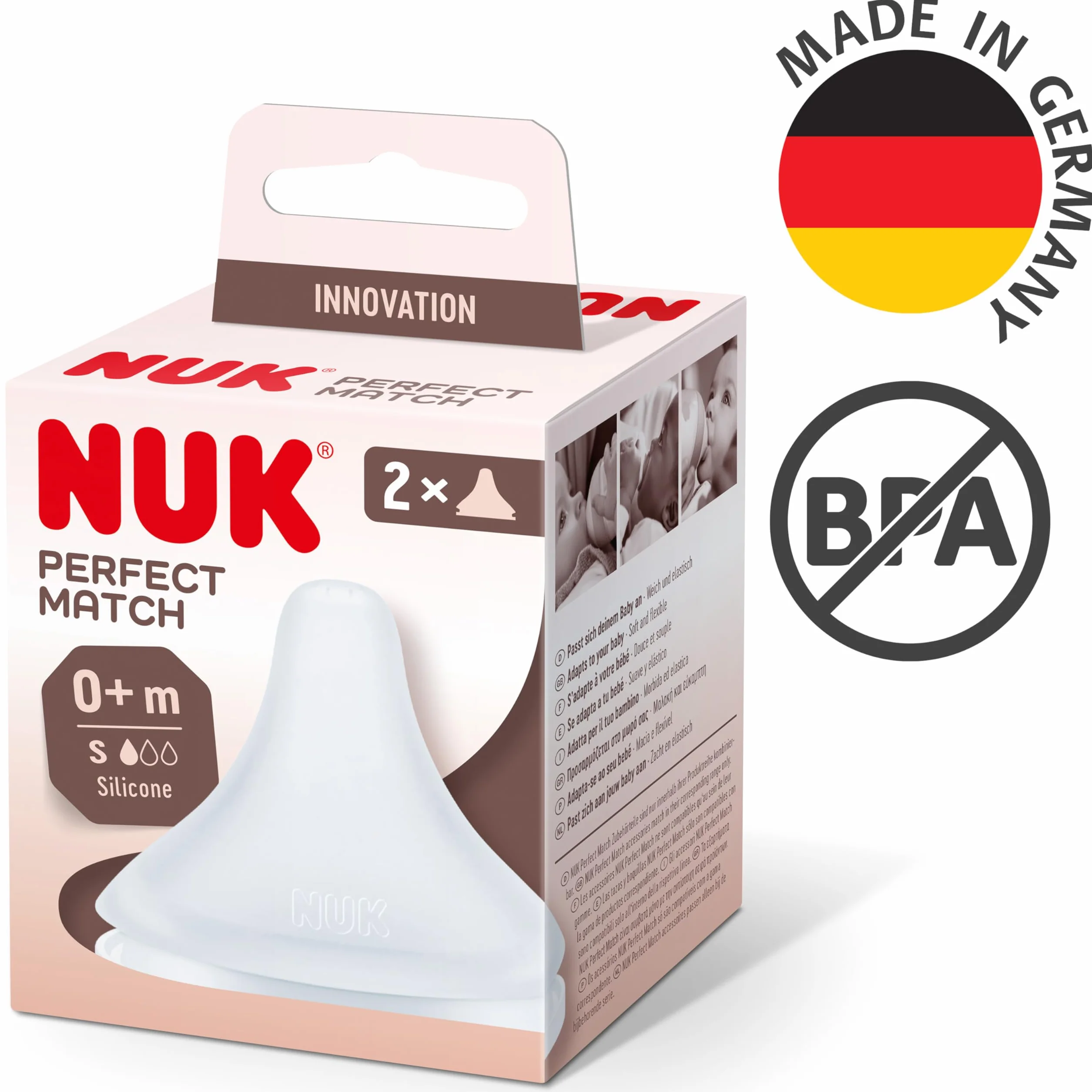 NUK Perfect Match smoczek do butelek dla niemowląt, 0+ miesięcy, pasuje do podniebienia dziecka, odpowietrznik antykolkowy, bez BPA, silikonowy smoczek S do butelek, 2 szt