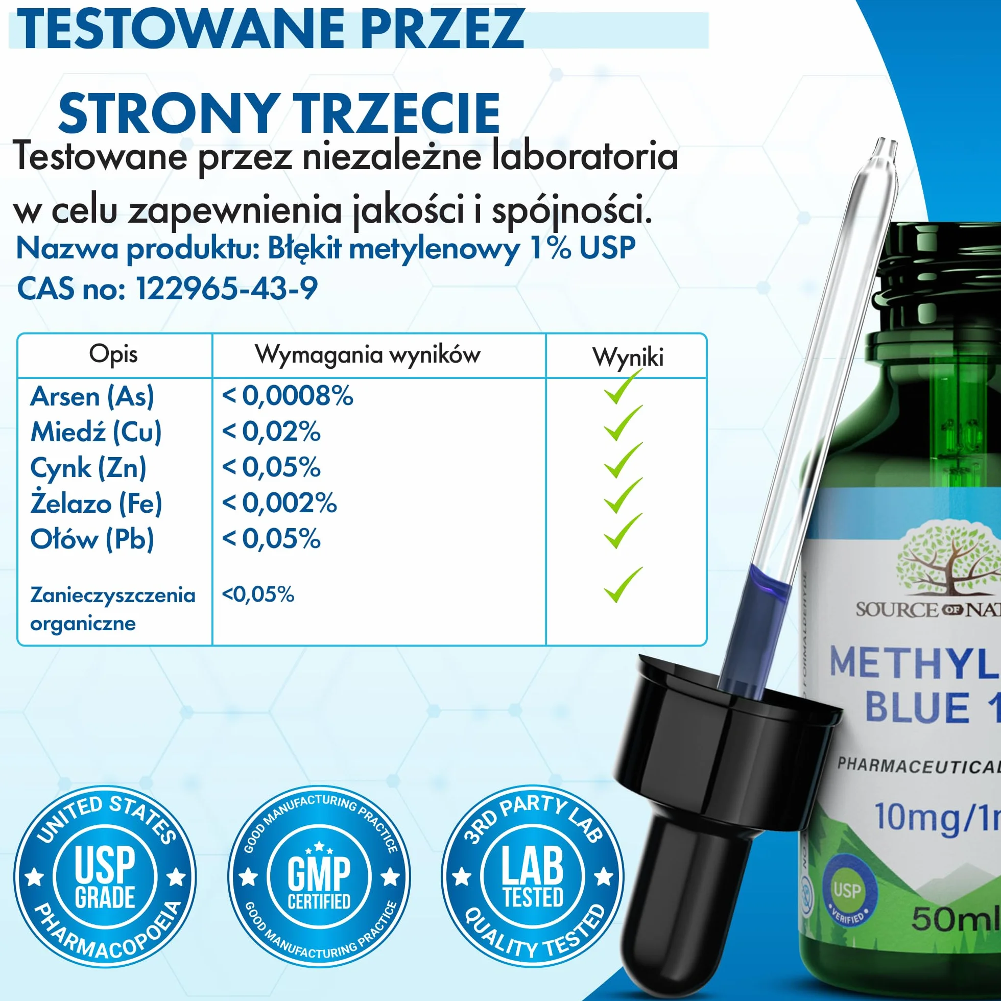 Błękit metylenowy 1% Roztwór 50 ml z pipetą Jakość farmaceutyczna USP Source of Nature®