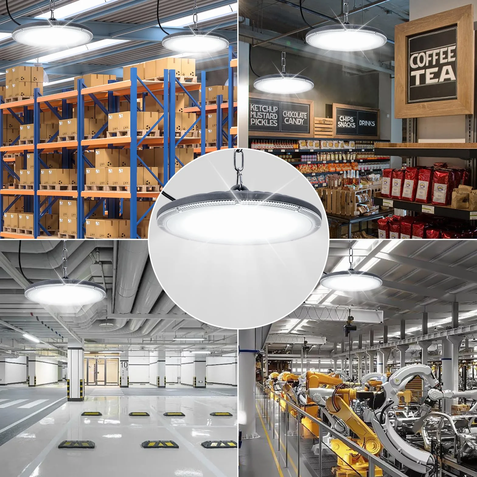 Oświetlenie garażowe LED 1000 W, 10000 lm, 6500 K, UFO, lampa sufitowa z łańcuchem, 144 diody LED do wnętrz, wodoodporna lampa sufitowa IP65, do garażu, magazynu, sali gimnastycznej