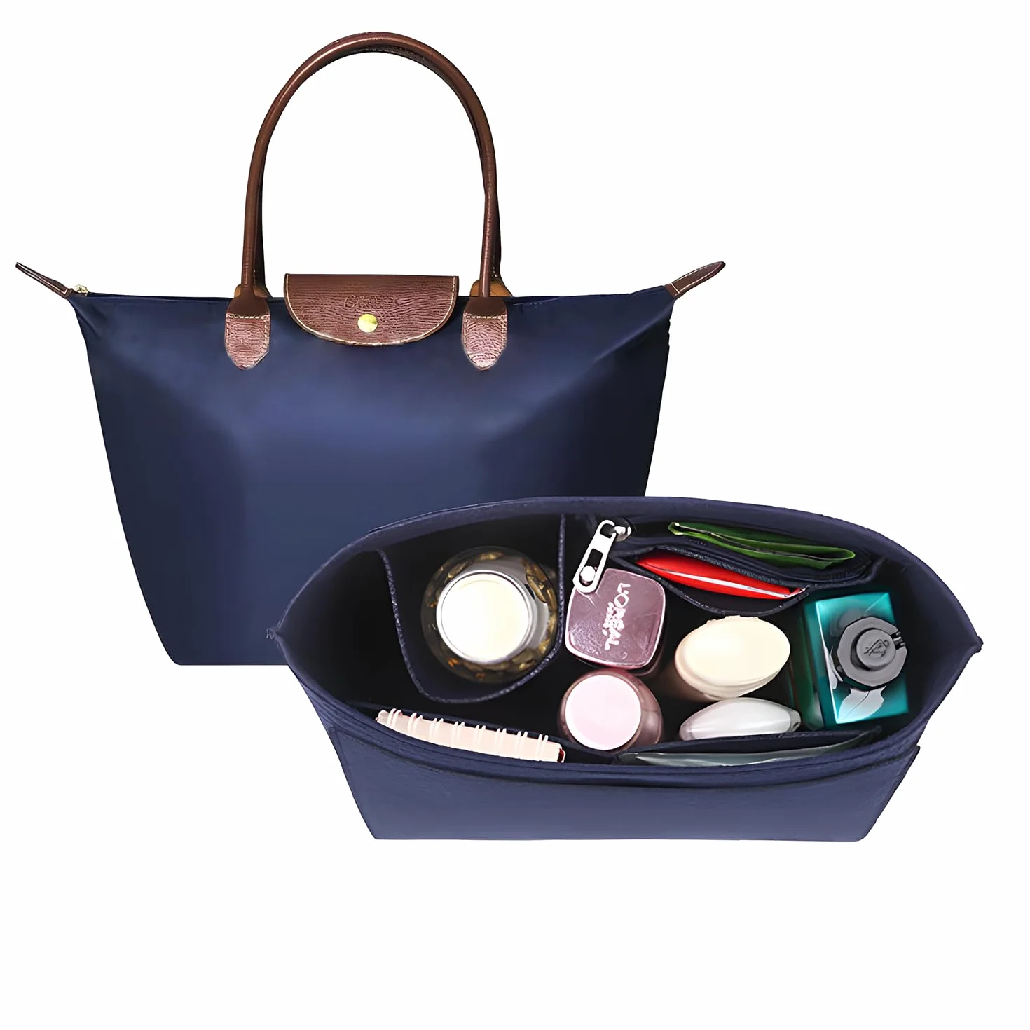 Longchamp filcowy organizer na torebki z wieloma kieszeniami z zamkiem błyskawicznym, składana torba na ramię Longchamp (niebieski, L)
