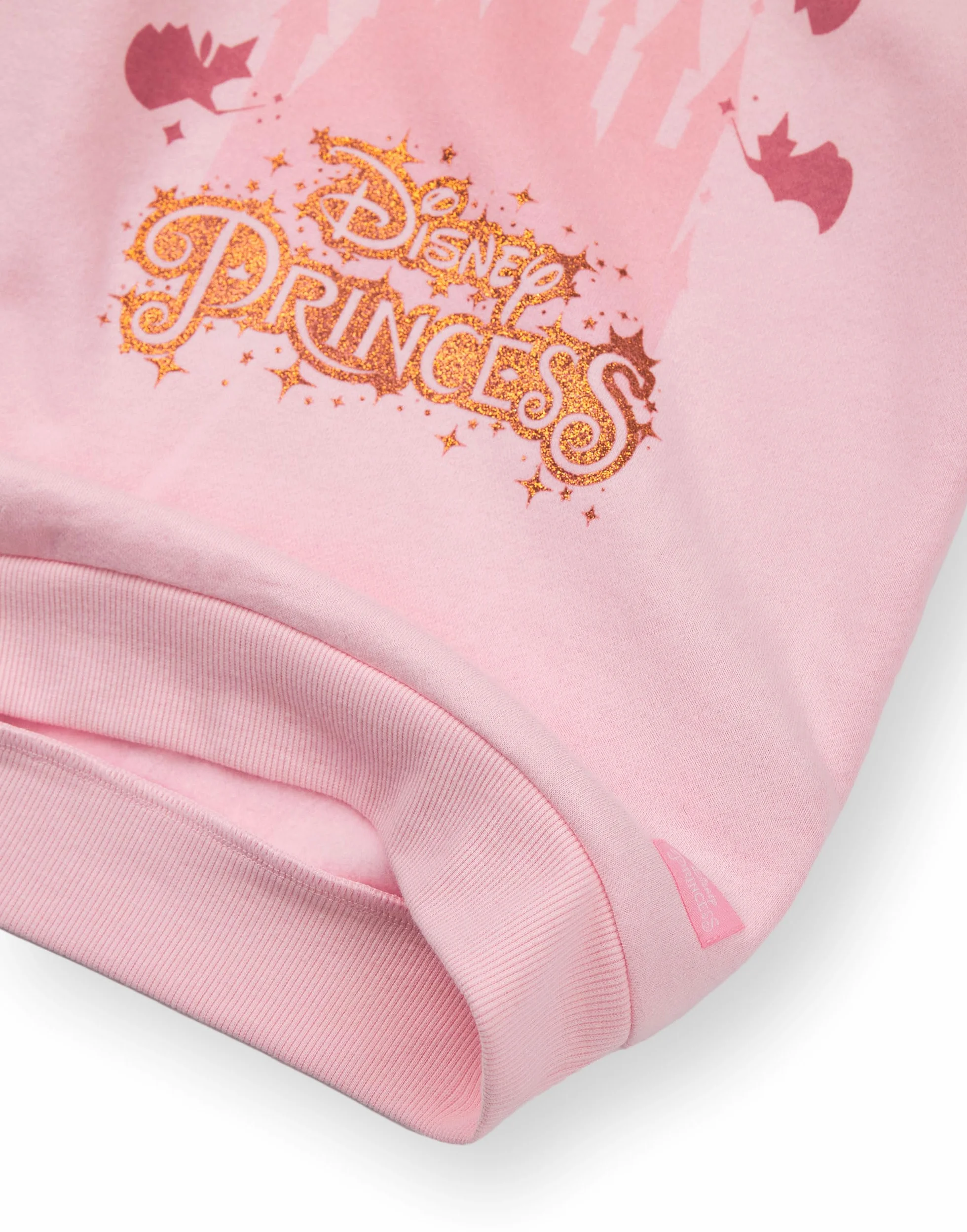 Disney Księżniczka różowa bluza z kapturem z koroną 3D, marszczony brzeg, złoty brokat