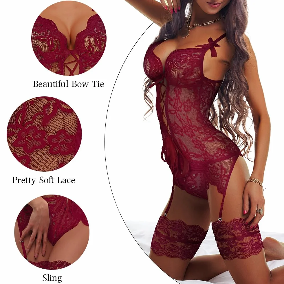 AUYAO Damskie koronkowe body, zestaw bielizny, z paskiem do pończoch, biustonosz i majtki, plus size, babydoll, bielizna nocna, z wysokim stanem, szelki, bez pończoch, 3 szt.